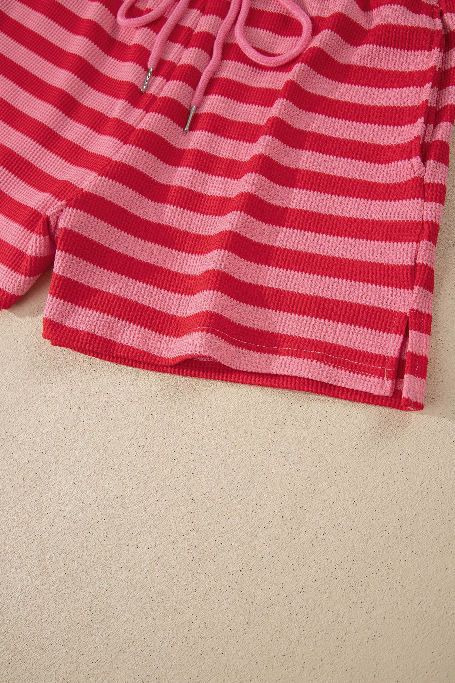 Red Stripe Puff Short Sleeve T Shirt Matching Shorts Set-Two Piece Sets/Short Sets-[Adult]-[Female]-2022 Online Blue Zone Planet