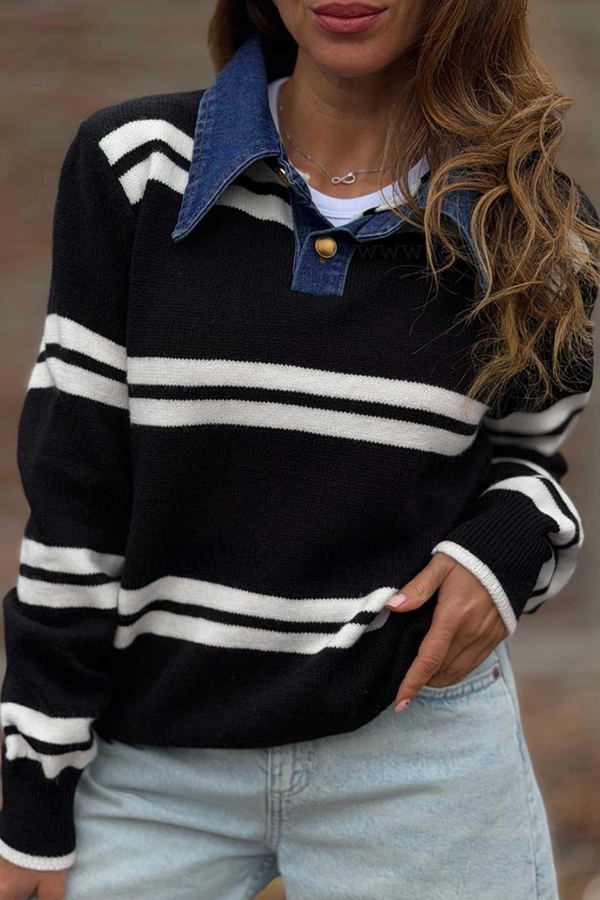 Black Stripe Denim Collar Patchwork Relaxed Knit Sweater-Sweaters & Cardigans/Sweaters-[Adult]-[Female]-Black Stripe-S-2022 Online Blue Zone Planet