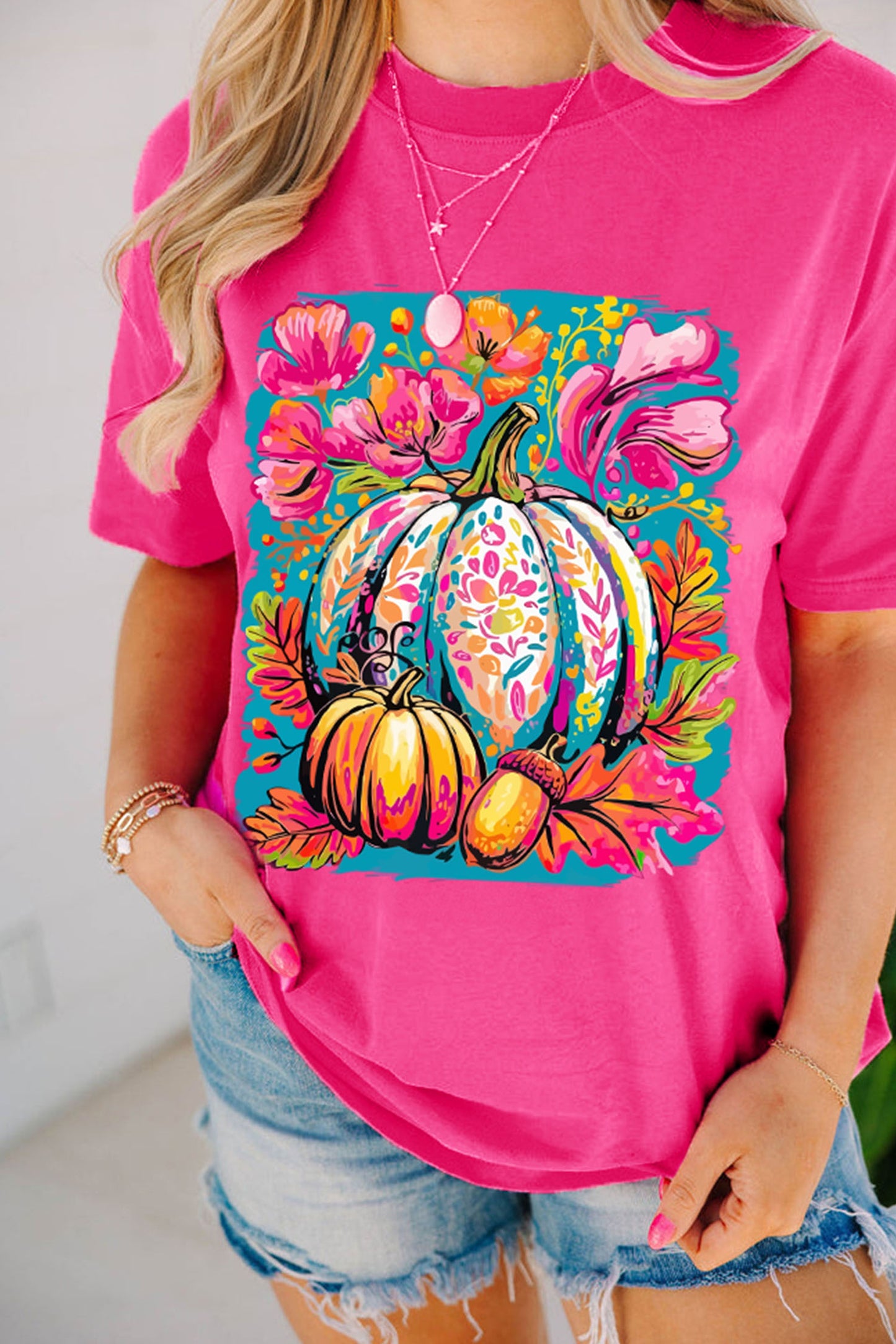 Rose Red Floral Pumpkin Graphic Print Crewneck Relaxed T-Shirt