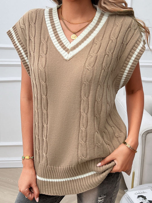 Cable-Knit V-Neck Sweater Vest-TOPS / DRESSES-[Adult]-[Female]-Tan-S-2022 Online Blue Zone Planet