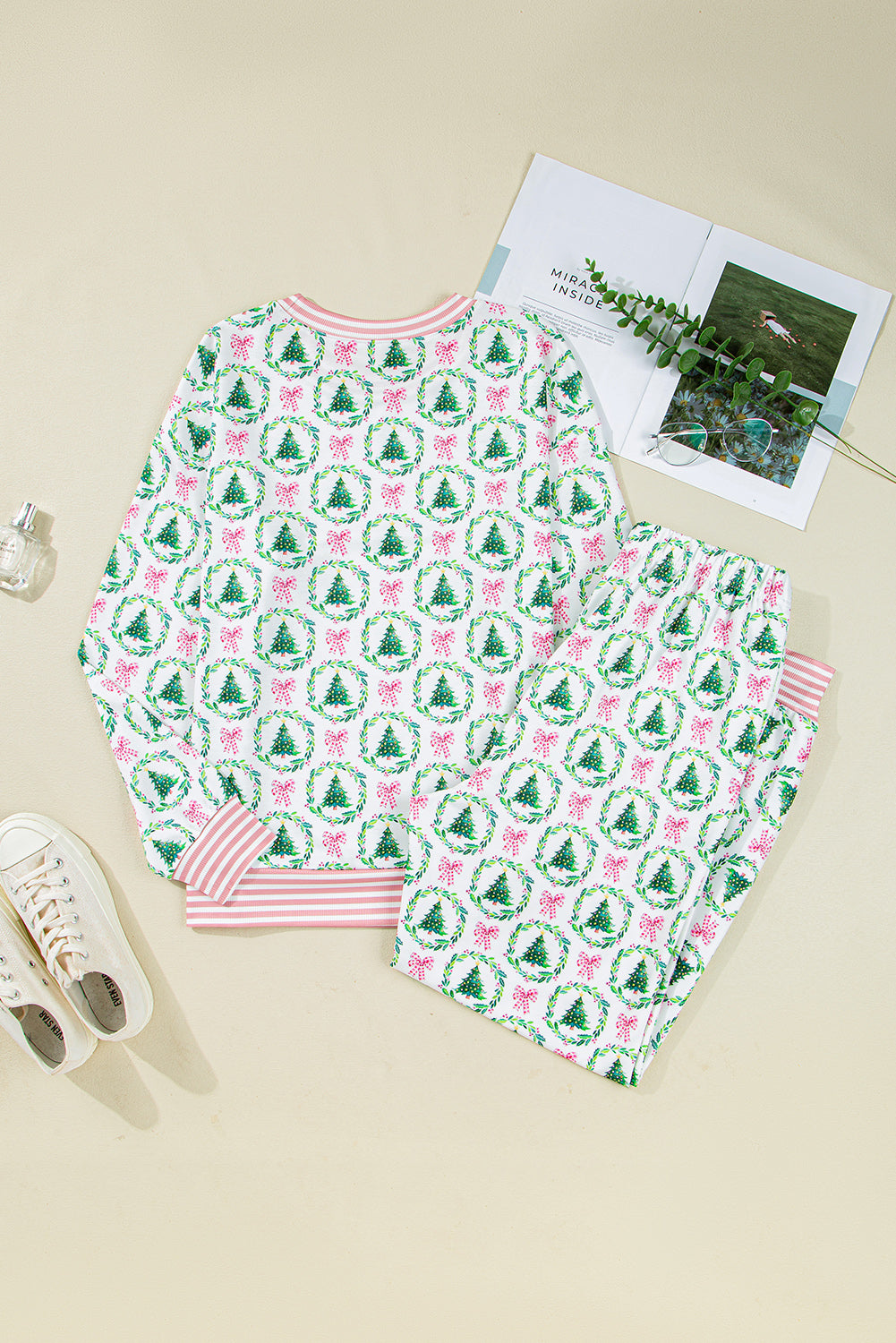 Green Bow Christmas Tree Print Contrast Striped Banding 2pcs Lounge Set-Loungewear & Sleepwear/Loungewear-[Adult]-[Female]-2022 Online Blue Zone Planet