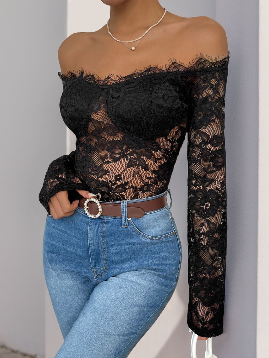 Perfee Lace Off-Shoulder Long Sleeve Bodysuit-TOPS / DRESSES-[Adult]-[Female]-2022 Online Blue Zone Planet