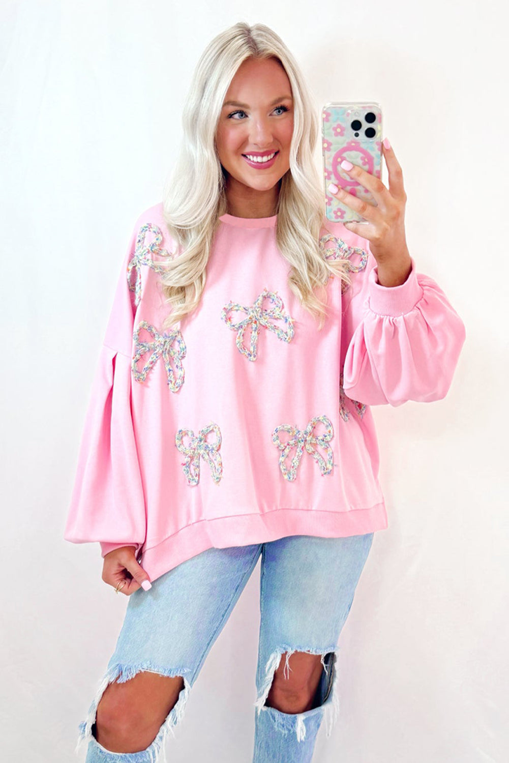 Blue Zone Planet | Light Pink Embroidered Bow Lantern Sleeve Oversized Pullover Sweatshirt-Tops/Sweatshirts & Hoodies-[Adult]-[Female]-2022 Online Blue Zone Planet