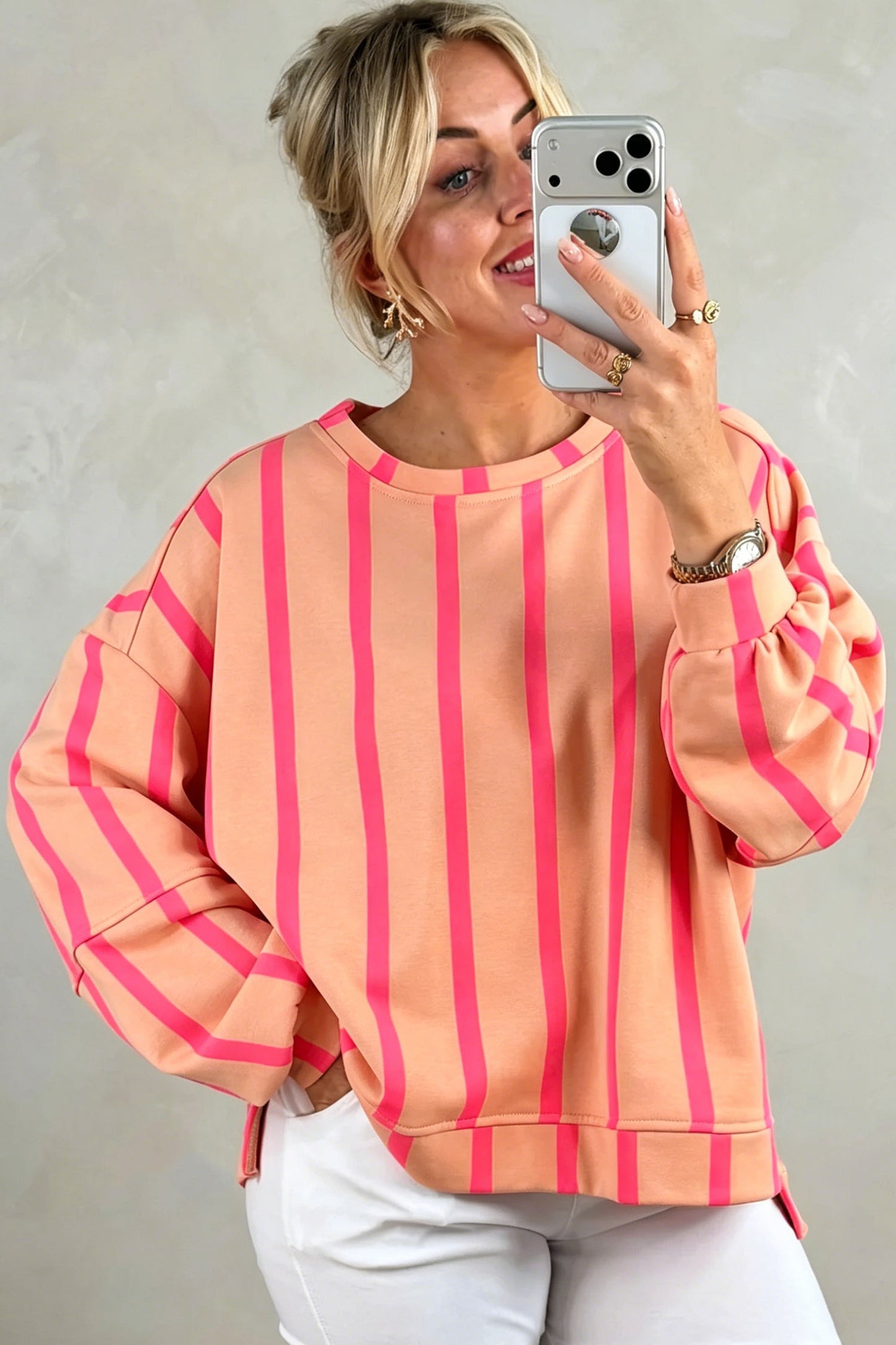 Pink Stripe Dropped Shoulder Round Neck Casual Sweatshirt-Tops/Sweatshirts & Hoodies-[Adult]-[Female]-2022 Online Blue Zone Planet