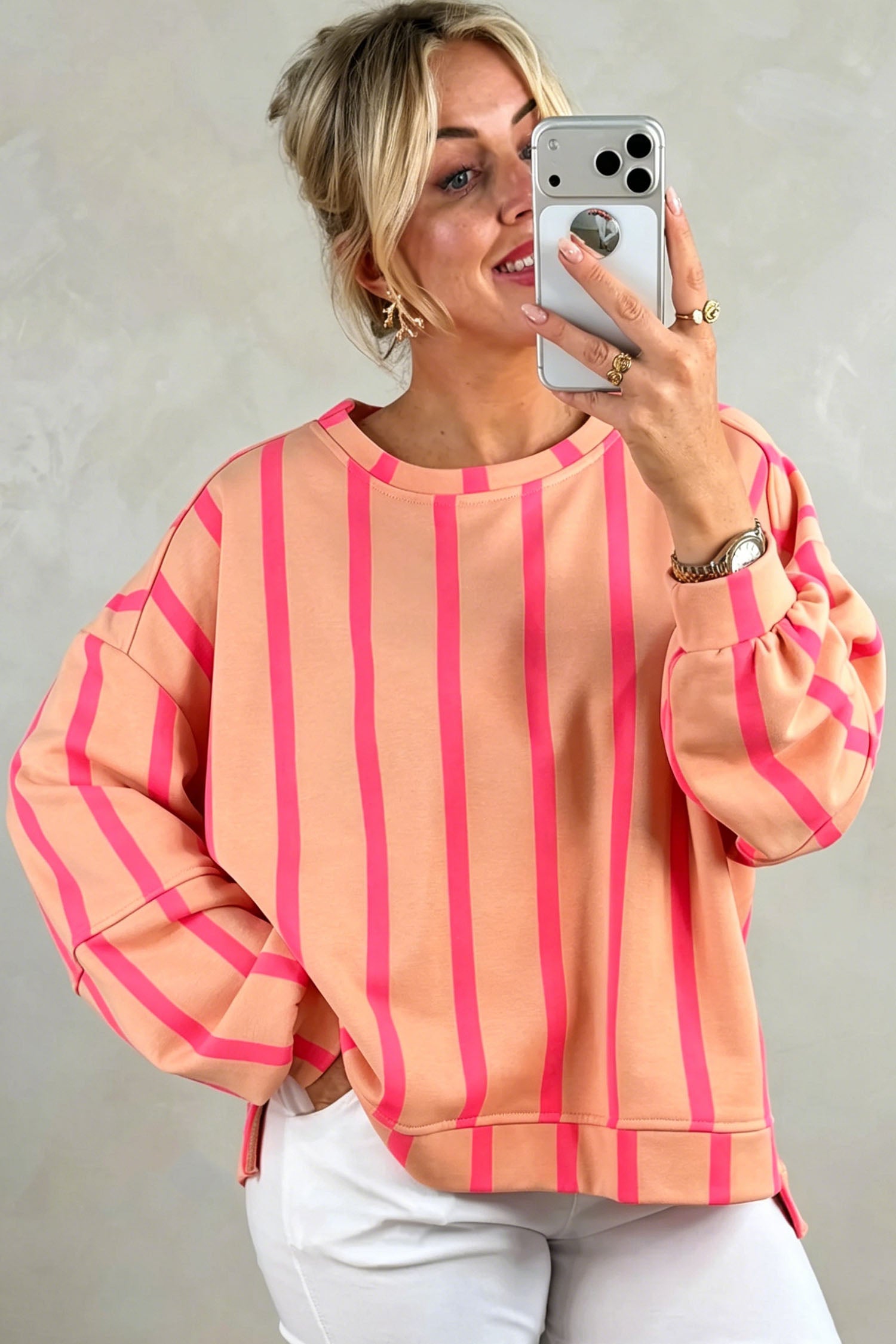 Pink Stripe Dropped Shoulder Round Neck Casual Sweatshirt-Tops/Sweatshirts & Hoodies-[Adult]-[Female]-2022 Online Blue Zone Planet