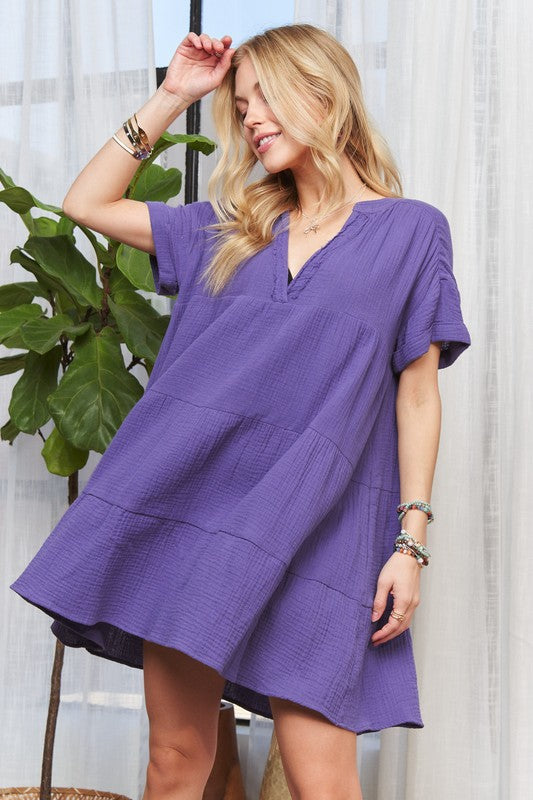 ADORA Tiered Notched Short Sleeve Dress-TOPS / DRESSES-[Adult]-[Female]-2022 Online Blue Zone Planet
