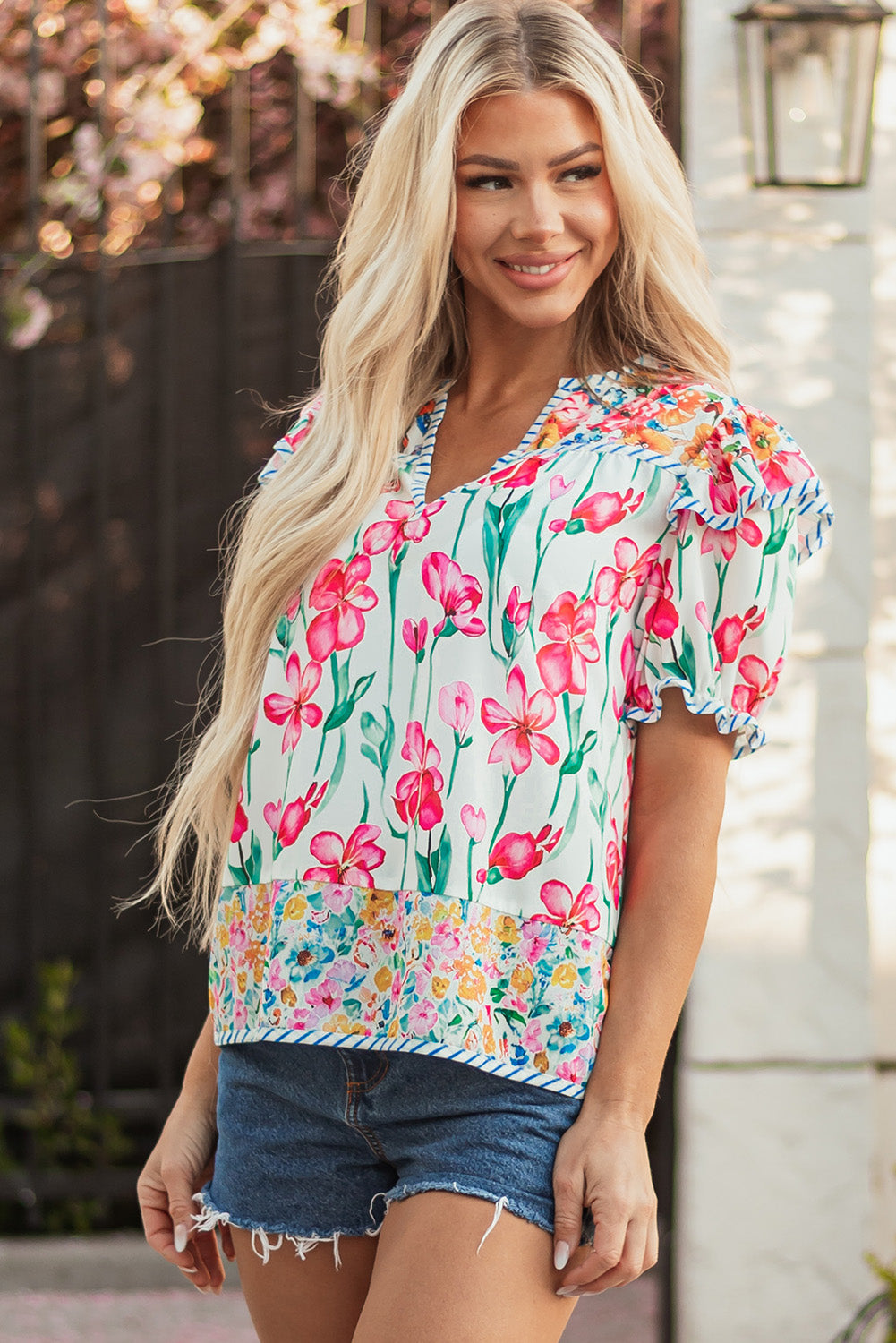 Pink Floral Print Striped Detail Split Neck Short Sleeve Blouse-Tops/Blouses & Shirts-[Adult]-[Female]-2022 Online Blue Zone Planet