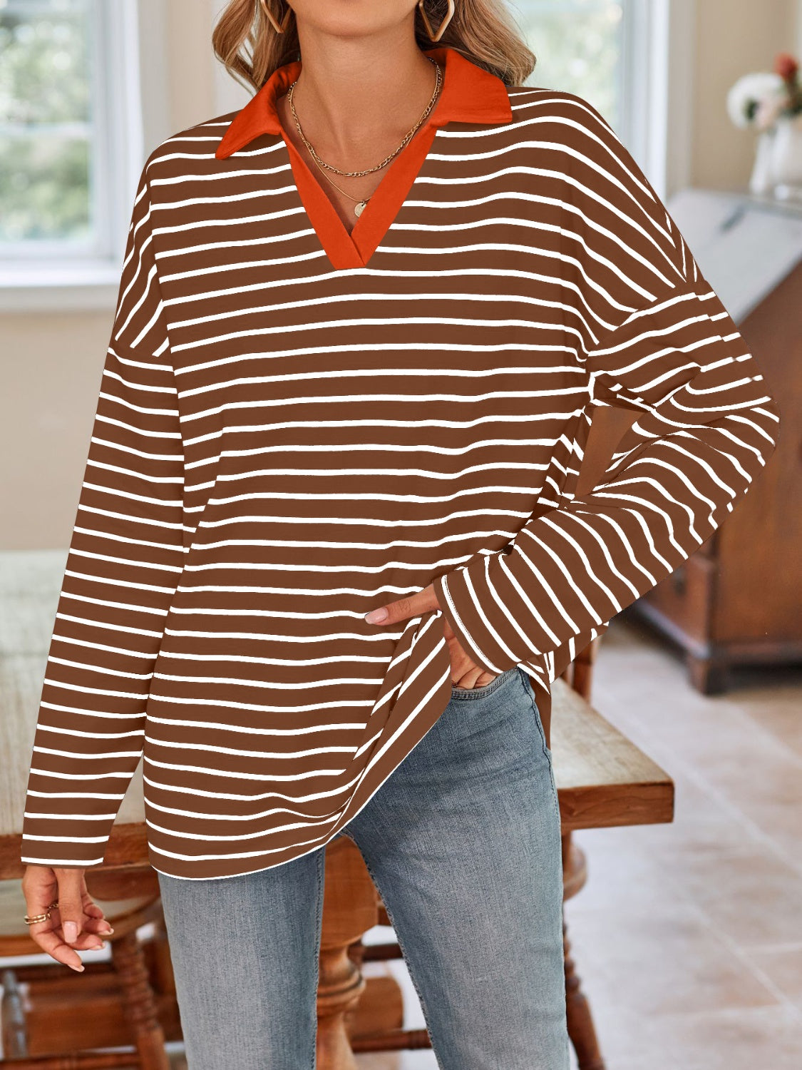 Blue Zone Planet | Lovelet Striped Johnny Collar Long Sleeve T-Shirt-TOPS / DRESSES-[Adult]-[Female]-Brown-S-2022 Online Blue Zone Planet