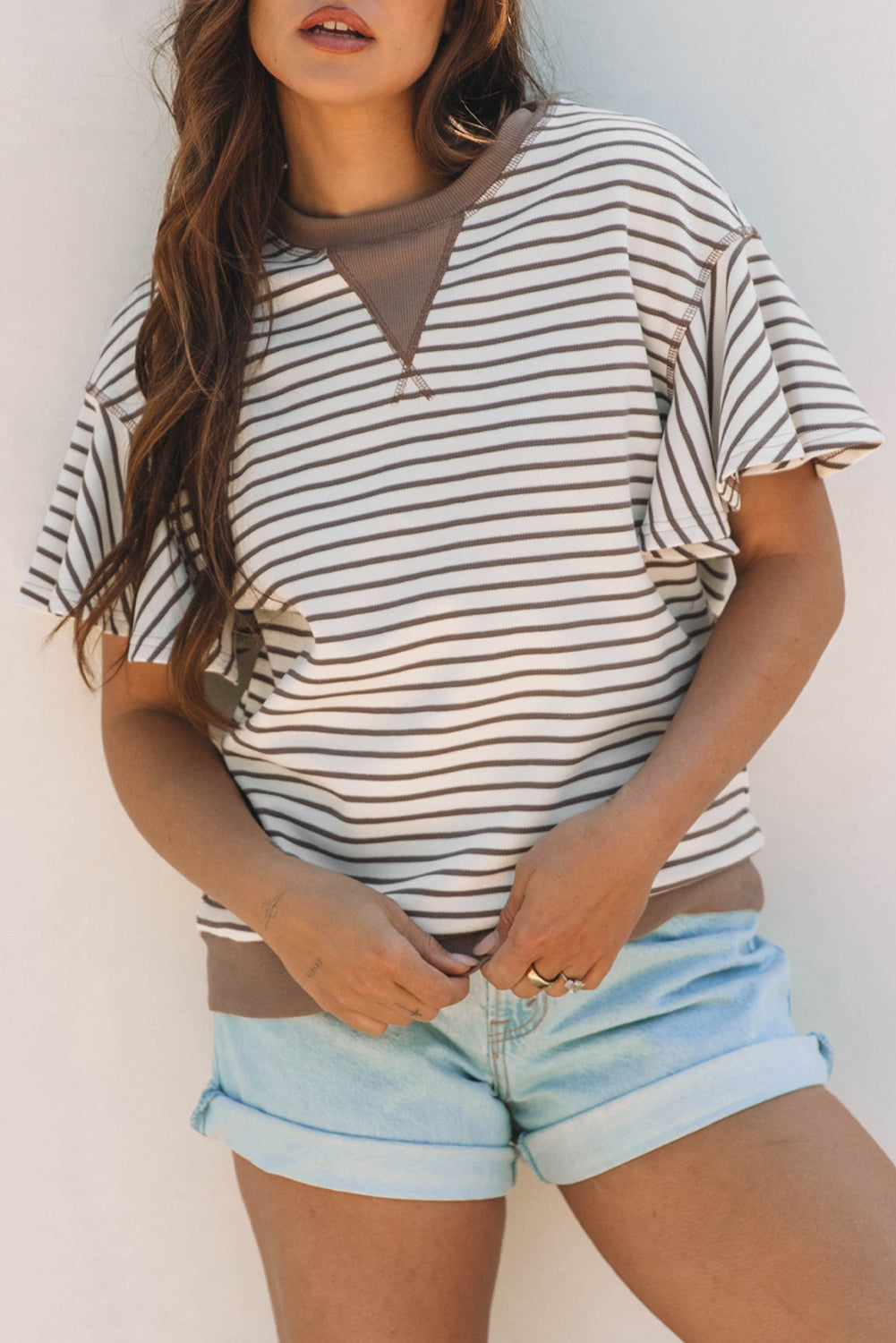 Parchment Contrast Detail Striped Ruffle Short Sleeve Top-Tops/Blouses & Shirts-[Adult]-[Female]-2022 Online Blue Zone Planet
