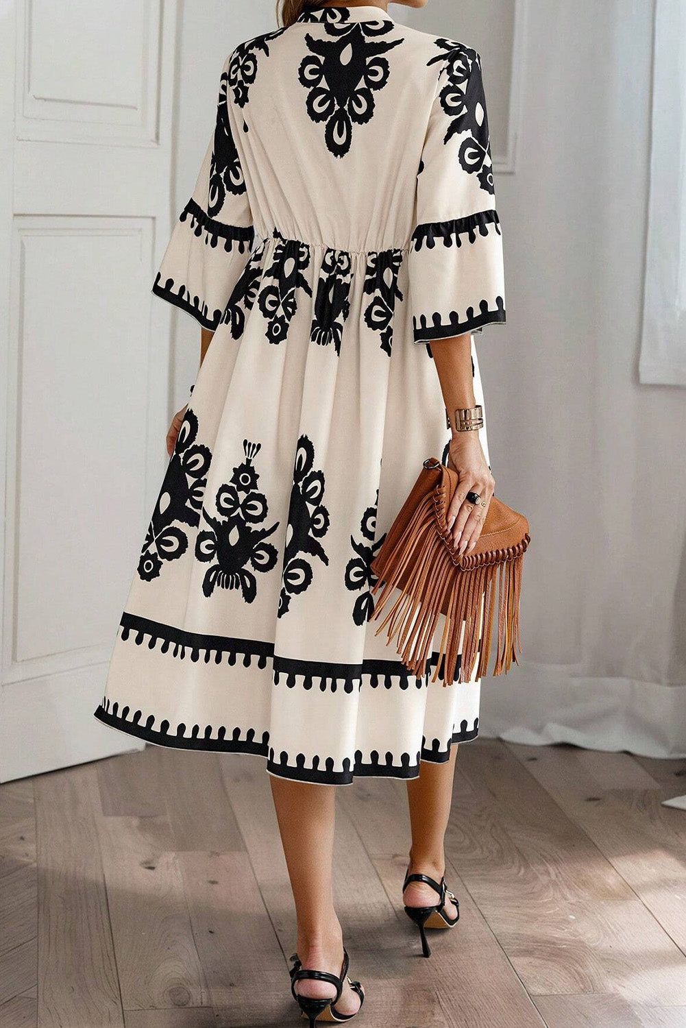 Beige Western Geometric Print 3/4 Sleeve Loose Midi Dress - Blue Zone Beige / S / 100%Polyester by Blue Zone Planet Beige Western Geometric Print 3/4 Sleeve Loose Midi Dress - Blue Zone Beige / S / 100%Polyester by Blue Zone Planet