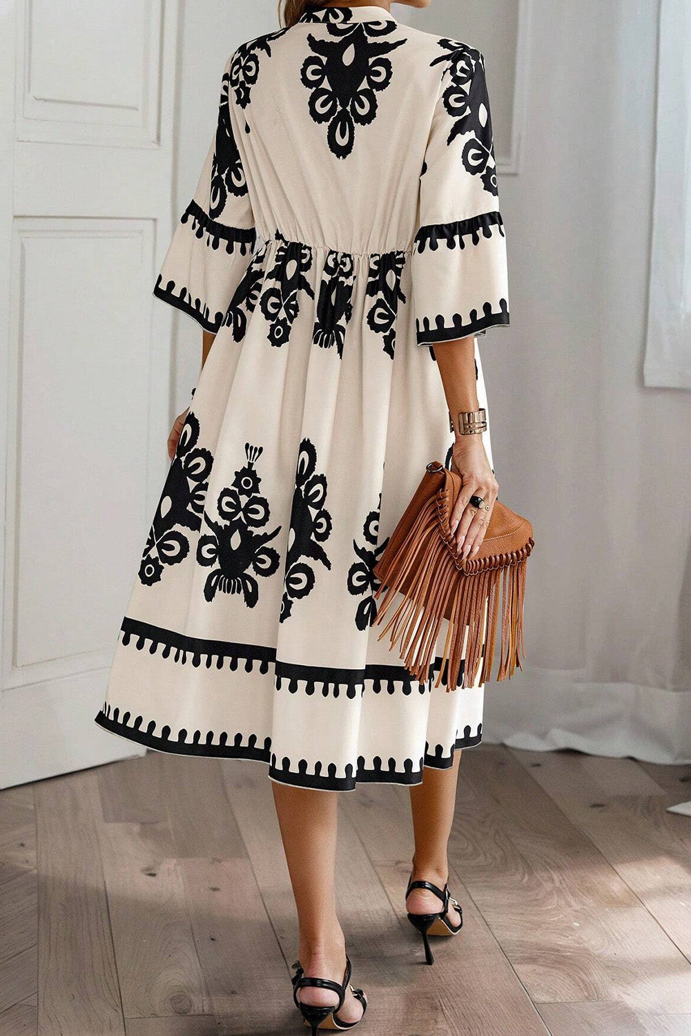 Beige Western Geometric Print 3/4 Sleeve Loose Midi Dress-Dresses/Midi Dresses-[Adult]-[Female]-2022 Online Blue Zone Planet