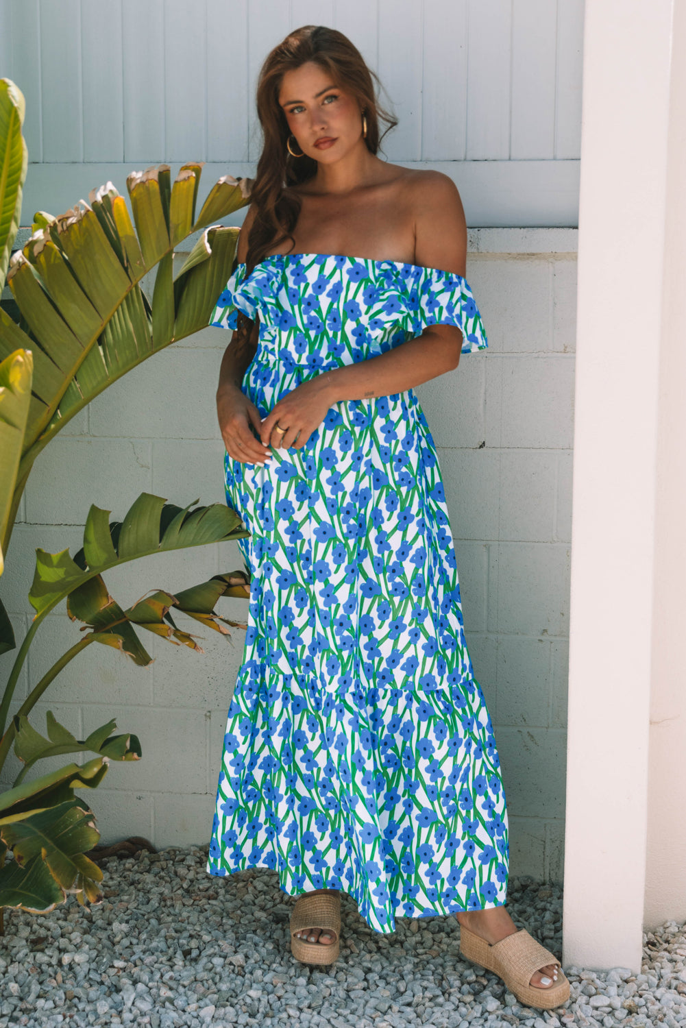 Blue Floral Print Square Neck Ruffled Strap Maxi Dress-TOPS / DRESSES-[Adult]-[Female]-2022 Online Blue Zone Planet