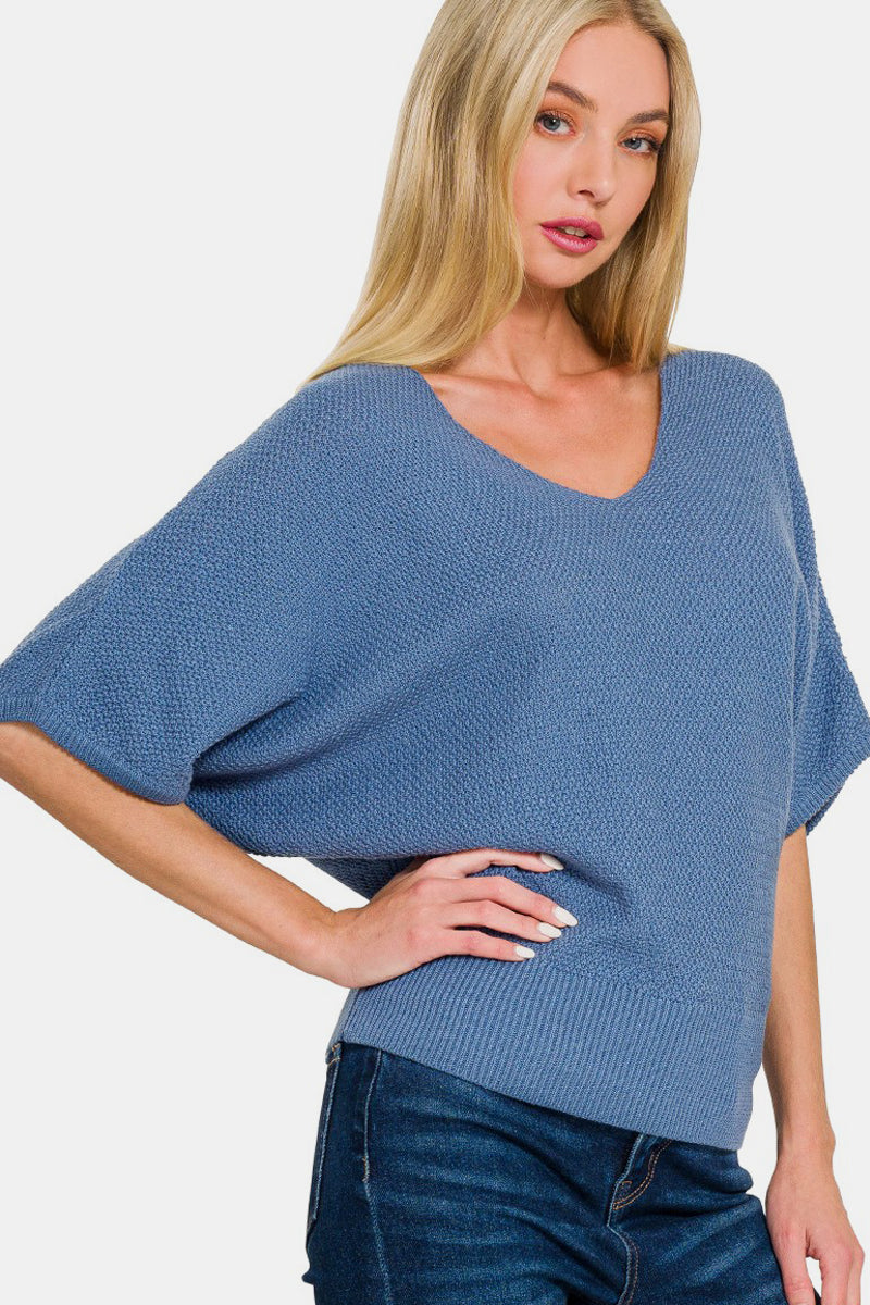 Zenana V-Neck Short Sleeve Dolman Sweater-TOPS / DRESSES-[Adult]-[Female]-Dusty Blue-S-2022 Online Blue Zone Planet