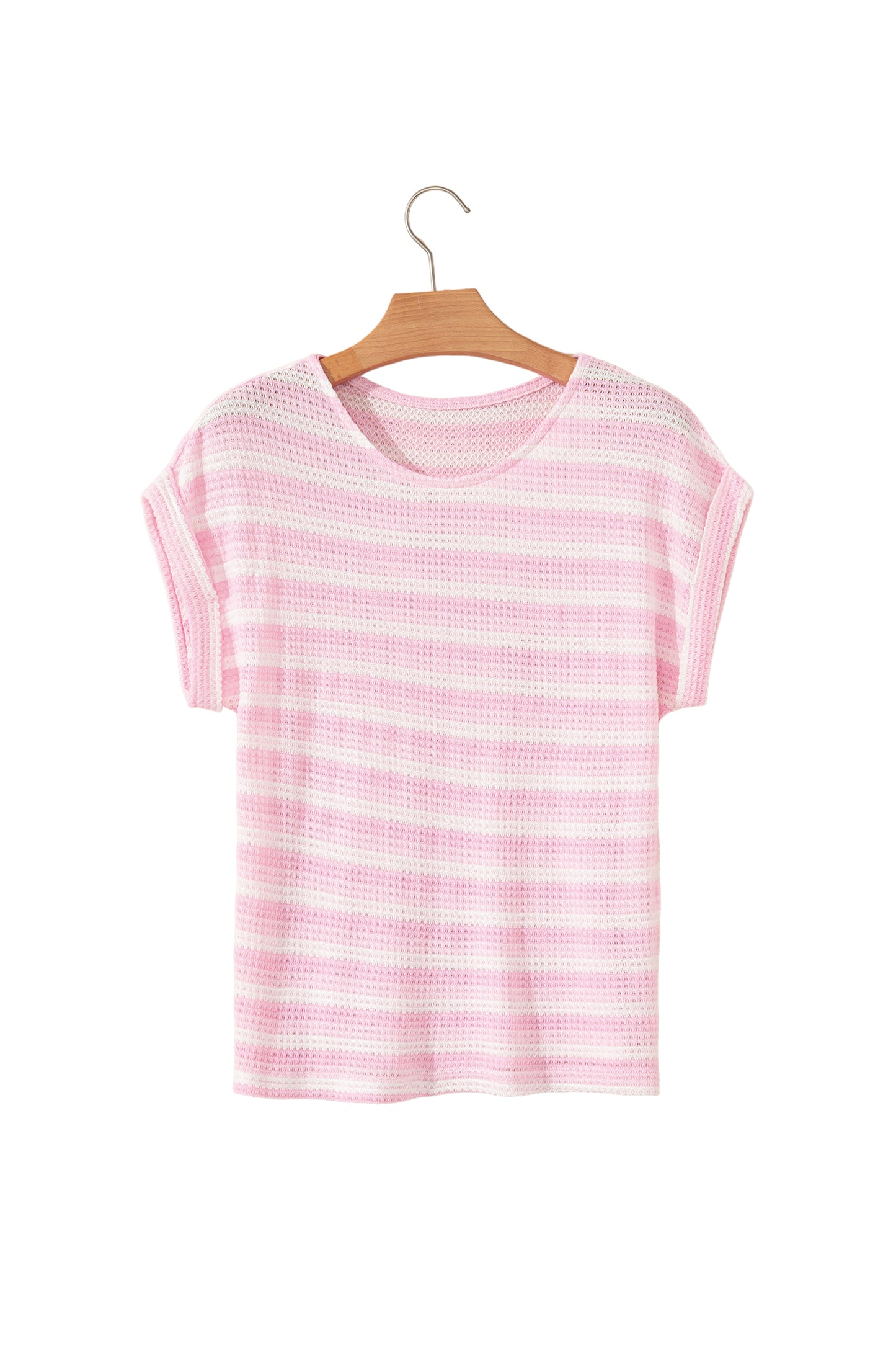 Pink Striped Print Waffle Knit T Shirt-Tops/Tops & Tees-[Adult]-[Female]-2022 Online Blue Zone Planet