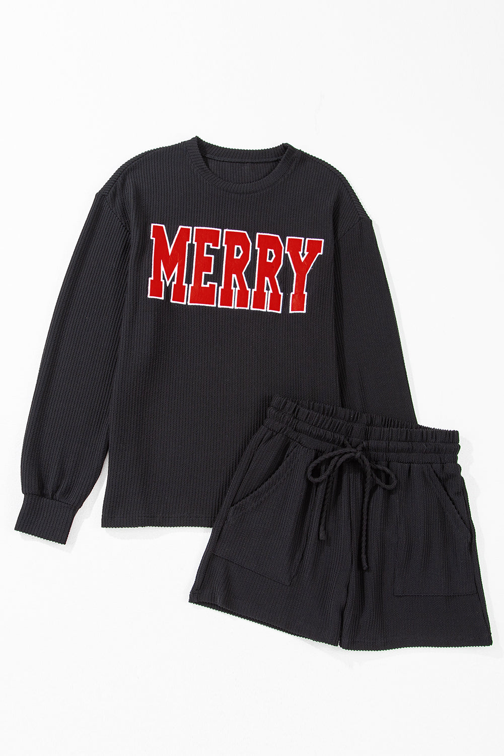 Racing Red Corded MERRY Long Sleeve Top and Shorts Pajama Set-Loungewear Set-[Adult]-[Female]-2022 Online Blue Zone Planet