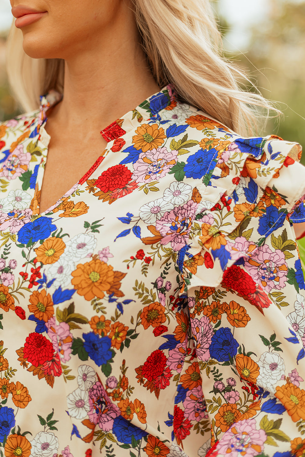 Apricot Ruffled Shoulder Long Sleeve Floral Blouse-Tops/Blouses & Shirts-[Adult]-[Female]-2022 Online Blue Zone Planet