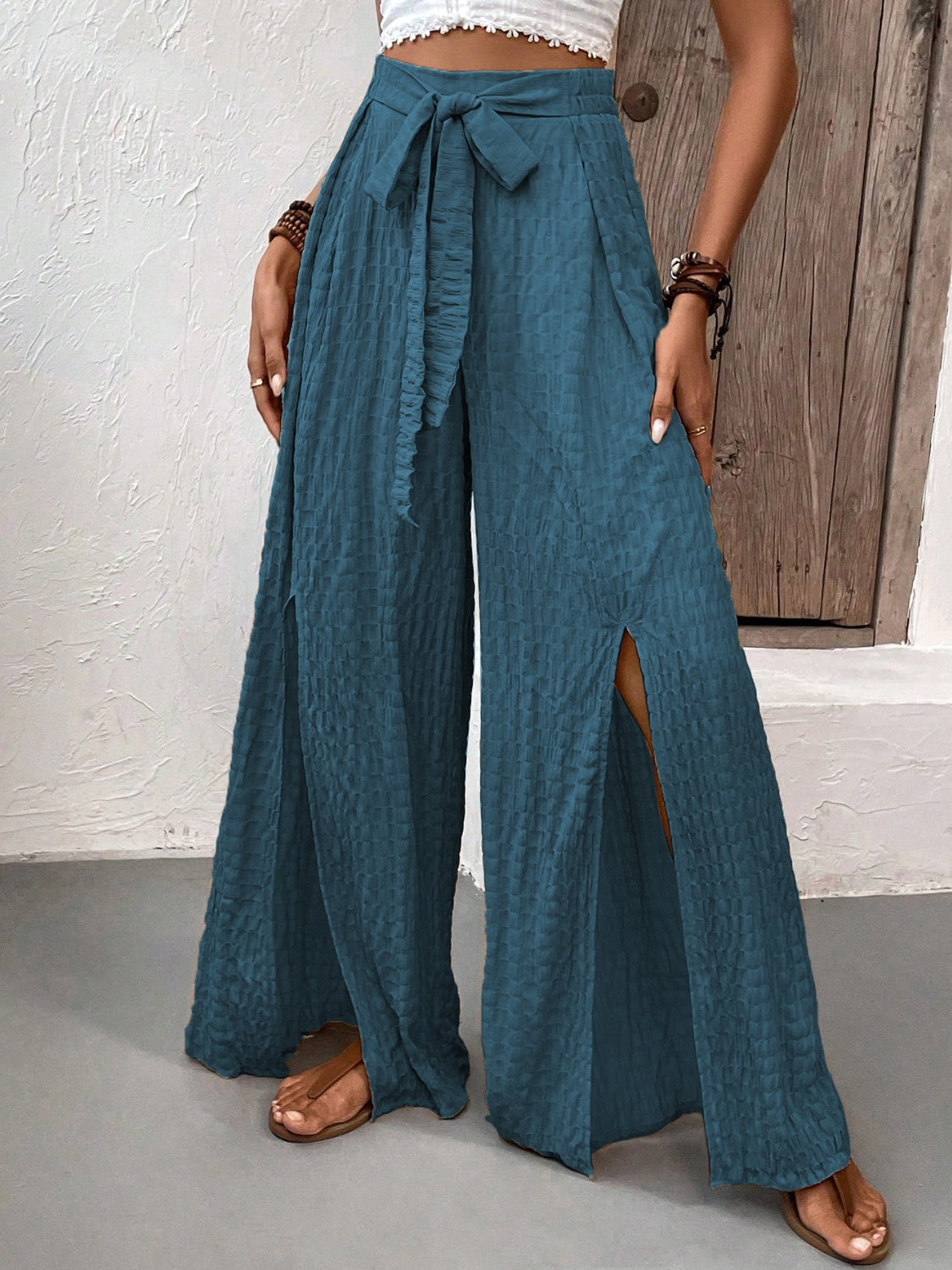 Honey Tied Slit Wide Leg Pants-BOTTOMS SIZES SMALL MEDIUM LARGE-[Adult]-[Female]-2022 Online Blue Zone Planet