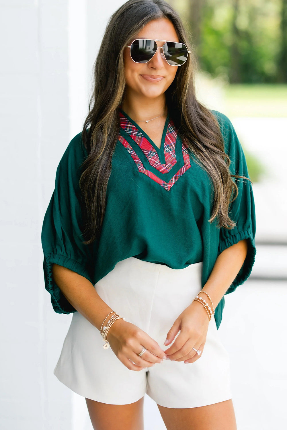 Evergreen Contrast Plaid Patchwork V Neck Half Sleeve Blouse-Tops/Blouses & Shirts-[Adult]-[Female]-2022 Online Blue Zone Planet