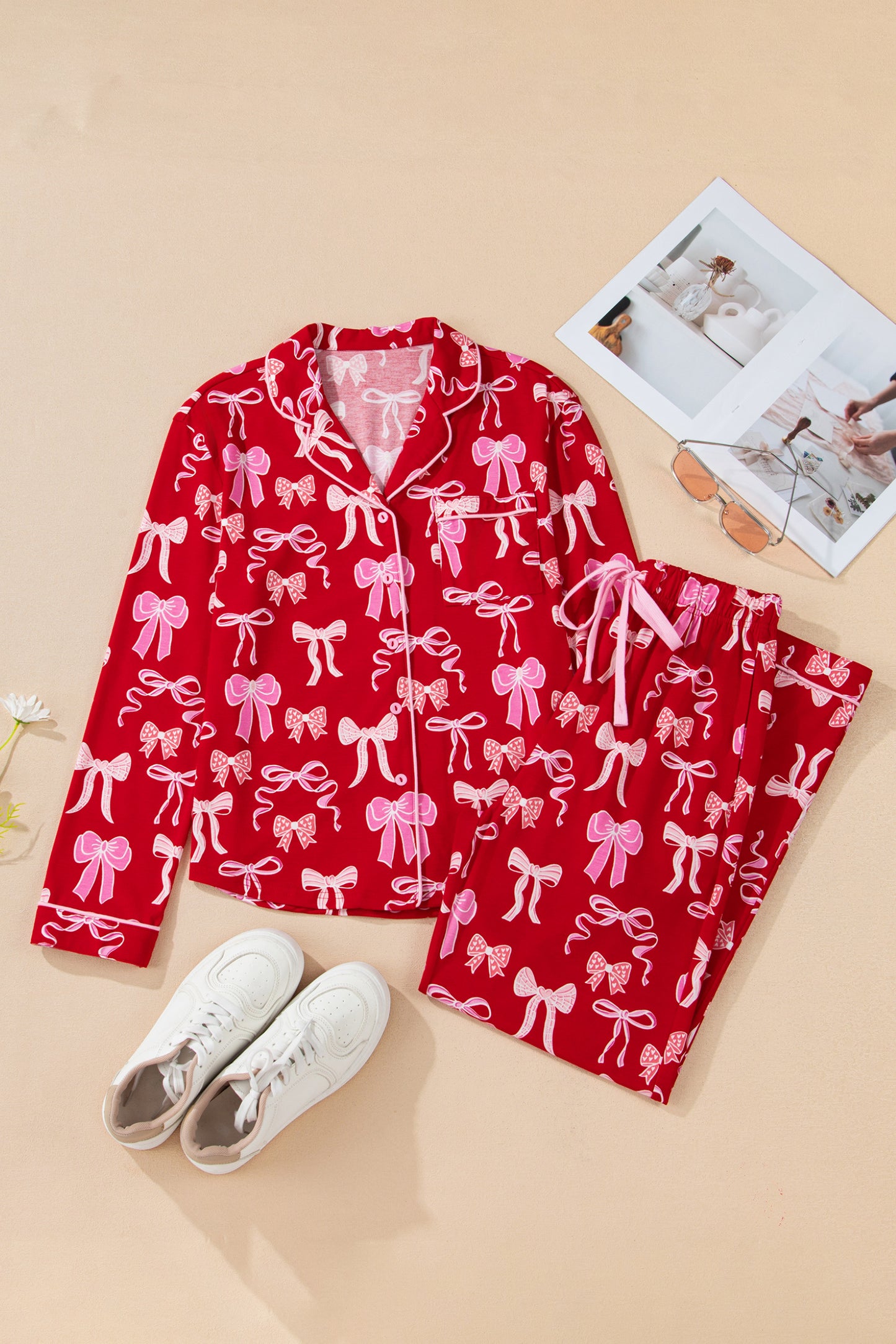 Red Sweet Bow Print Shirt Style Top Long 2pcs Pajama Set-Loungewear & Sleepwear/Sleepwear-[Adult]-[Female]-2022 Online Blue Zone Planet