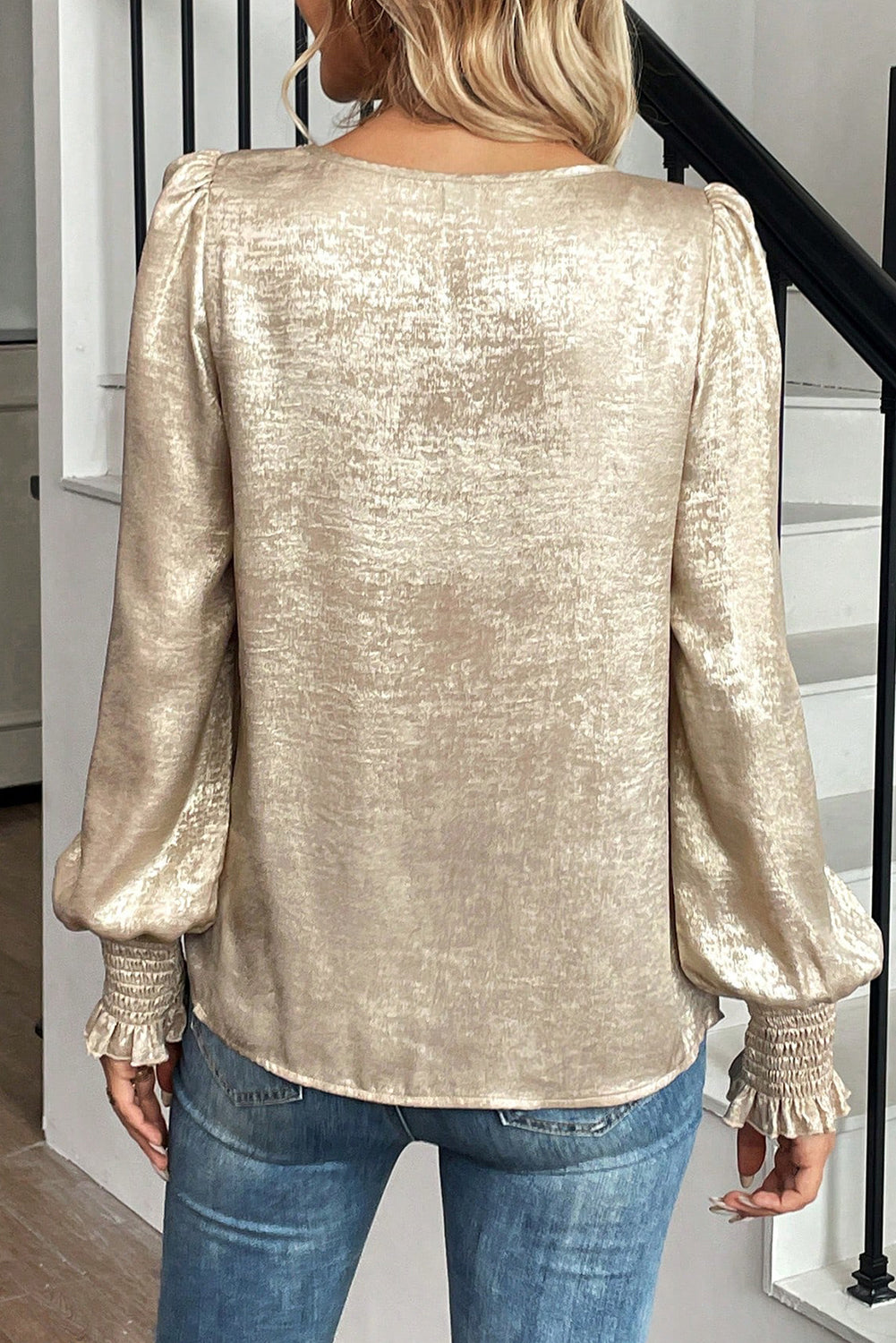 Apricot Metallic Round Neck Smocked Long Sleeve Blouse-Tops/Blouses & Shirts-[Adult]-[Female]-2022 Online Blue Zone Planet