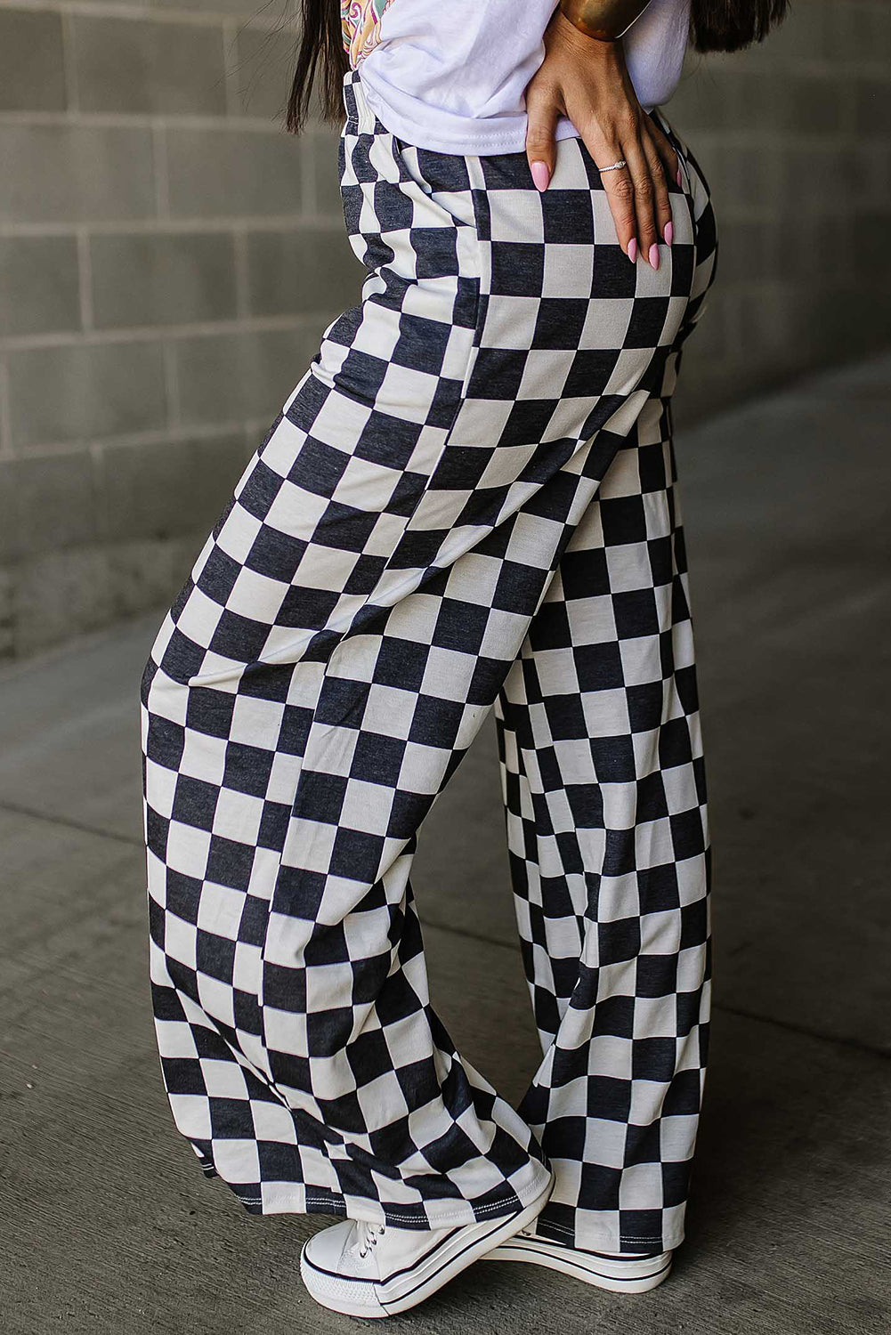 Black 2-Tone Checked Print High Waist Wide Leg Pants-Bottoms/Pants & Culotte-[Adult]-[Female]-2022 Online Blue Zone Planet