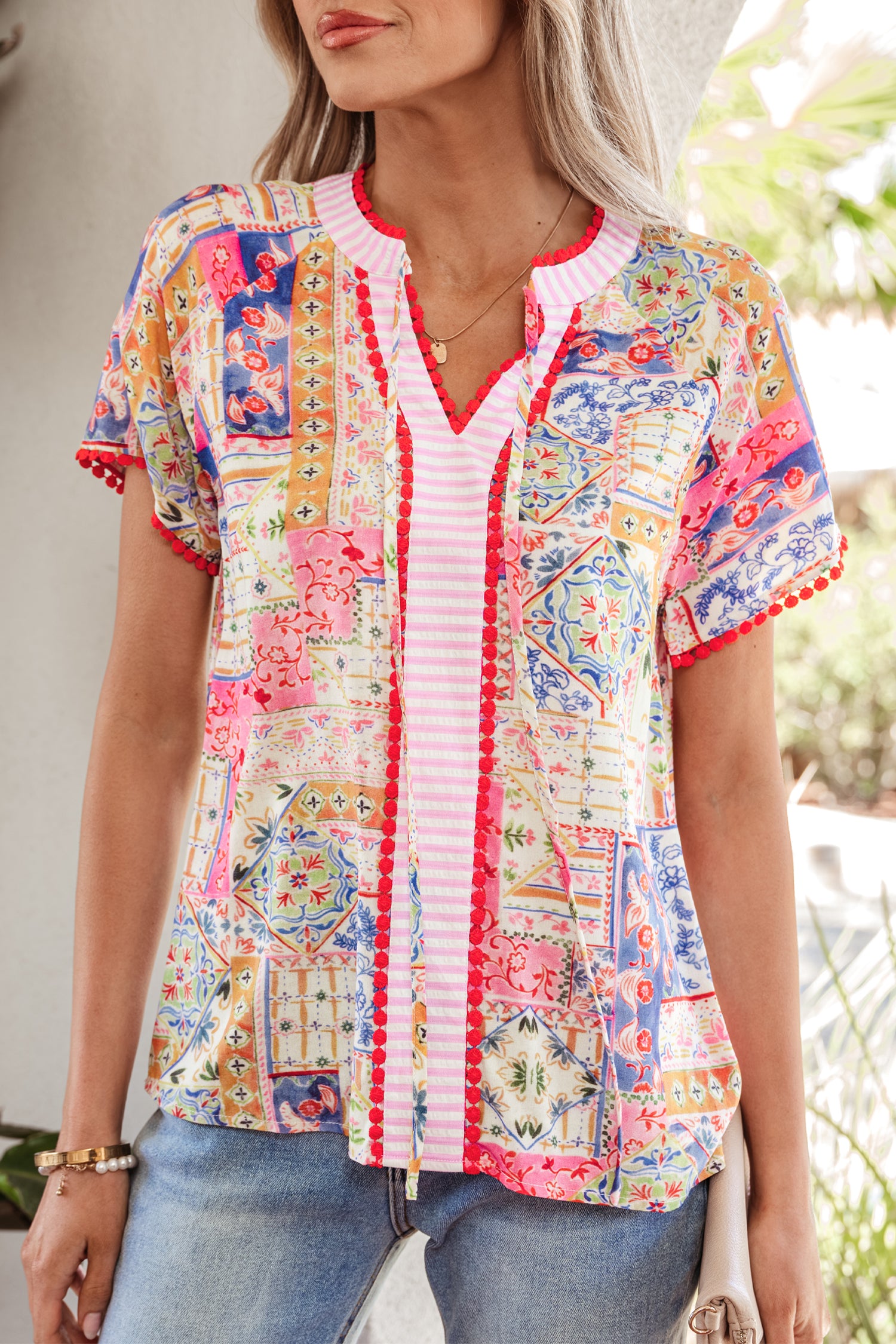 Red Mixed Print V Neck Short Sleeve Blouse-Tops/Blouses & Shirts-[Adult]-[Female]-2022 Online Blue Zone Planet