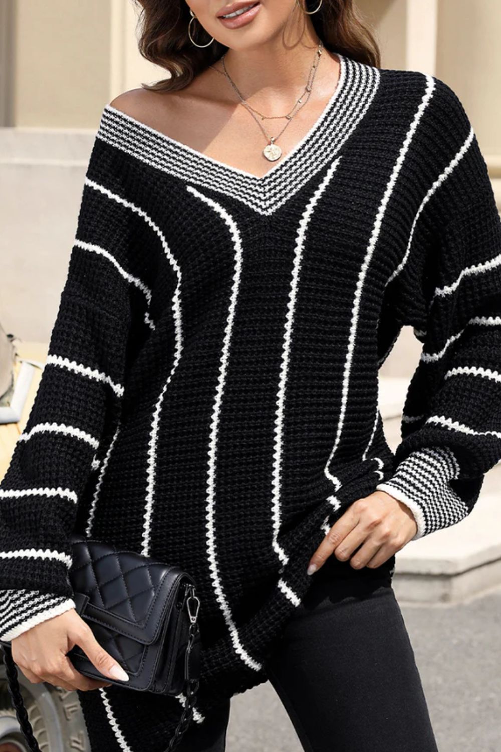 Blue Zone Planet | Striped V-Neck Long Sleeve Sweater-TOPS / DRESSES-[Adult]-[Female]-2022 Online Blue Zone Planet