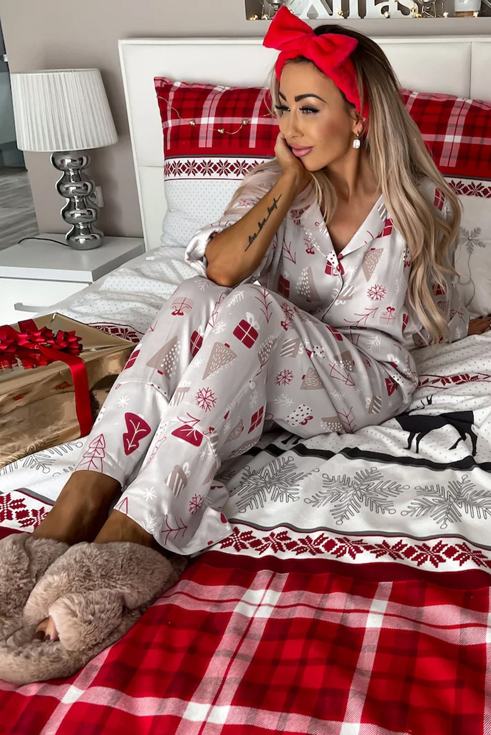 Blue Zone Planet | Light Grey Christmas Printed Shirt and Pants Pajama Set-Loungewear & Sleepwear/Sleepwear-[Adult]-[Female]-2022 Online Blue Zone Planet