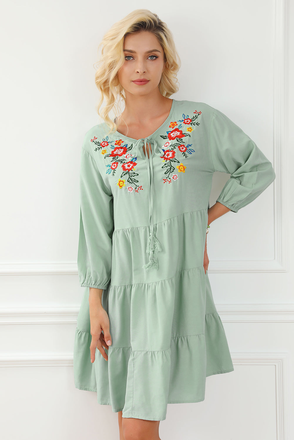 Blue Zone Planet | Green Floral Embroidery Tiered Ruffle Hem Dress-TOPS / DRESSES-[Adult]-[Female]-2022 Online Blue Zone Planet