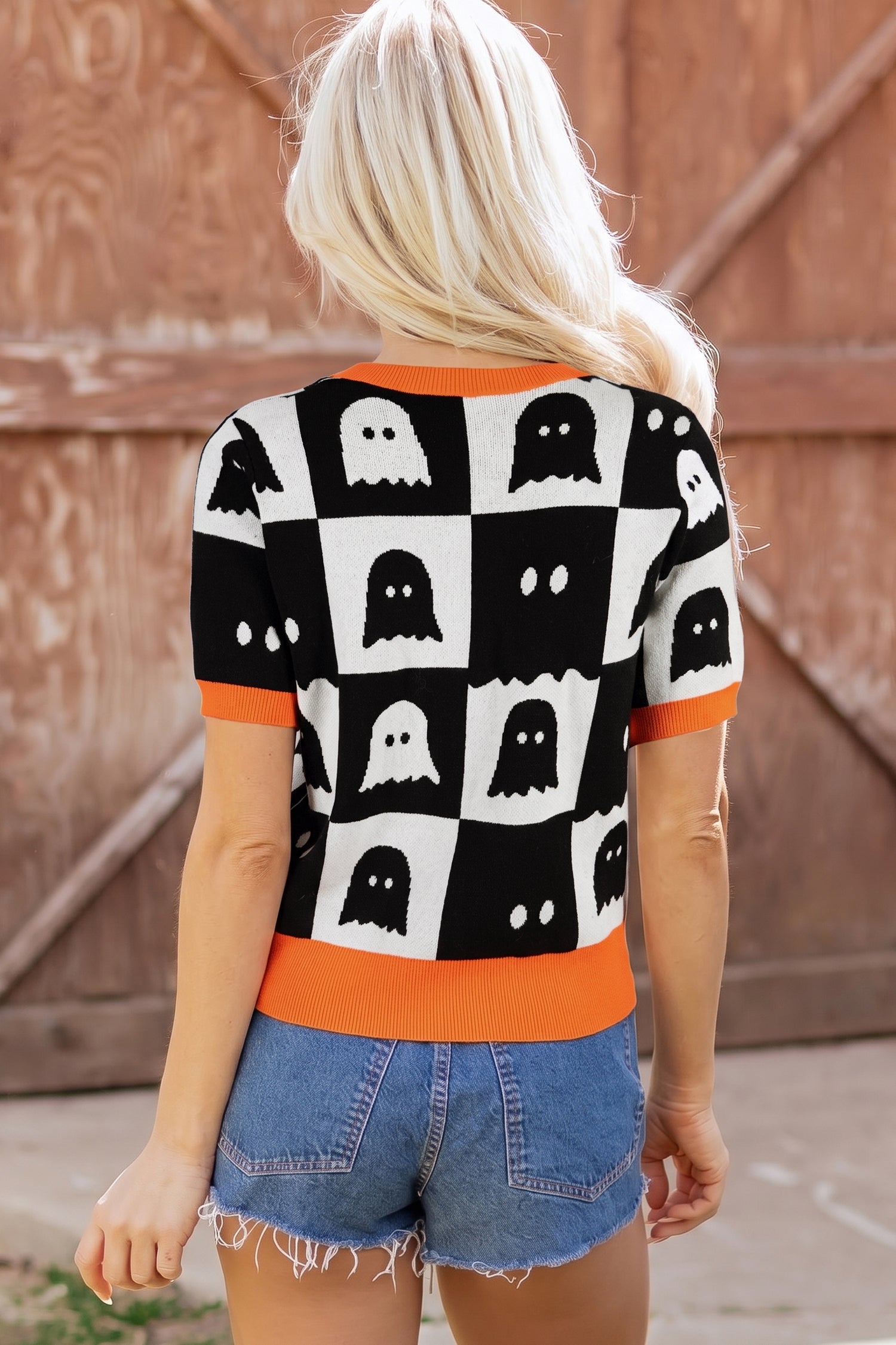 White Geometric Ghost Color Block Trim Short Sleeve Knit Sweater-TOPS / DRESSES-[Adult]-[Female]-2022 Online Blue Zone Planet
