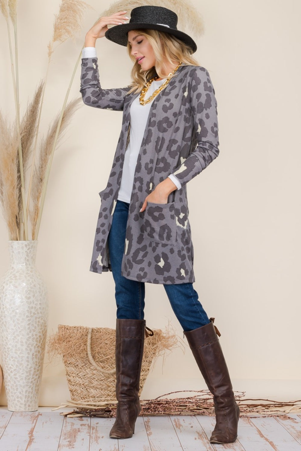 Celeste Full Size Leopard Open Front Contrast Cardigan-TOPS / DRESSES-[Adult]-[Female]-2022 Online Blue Zone Planet