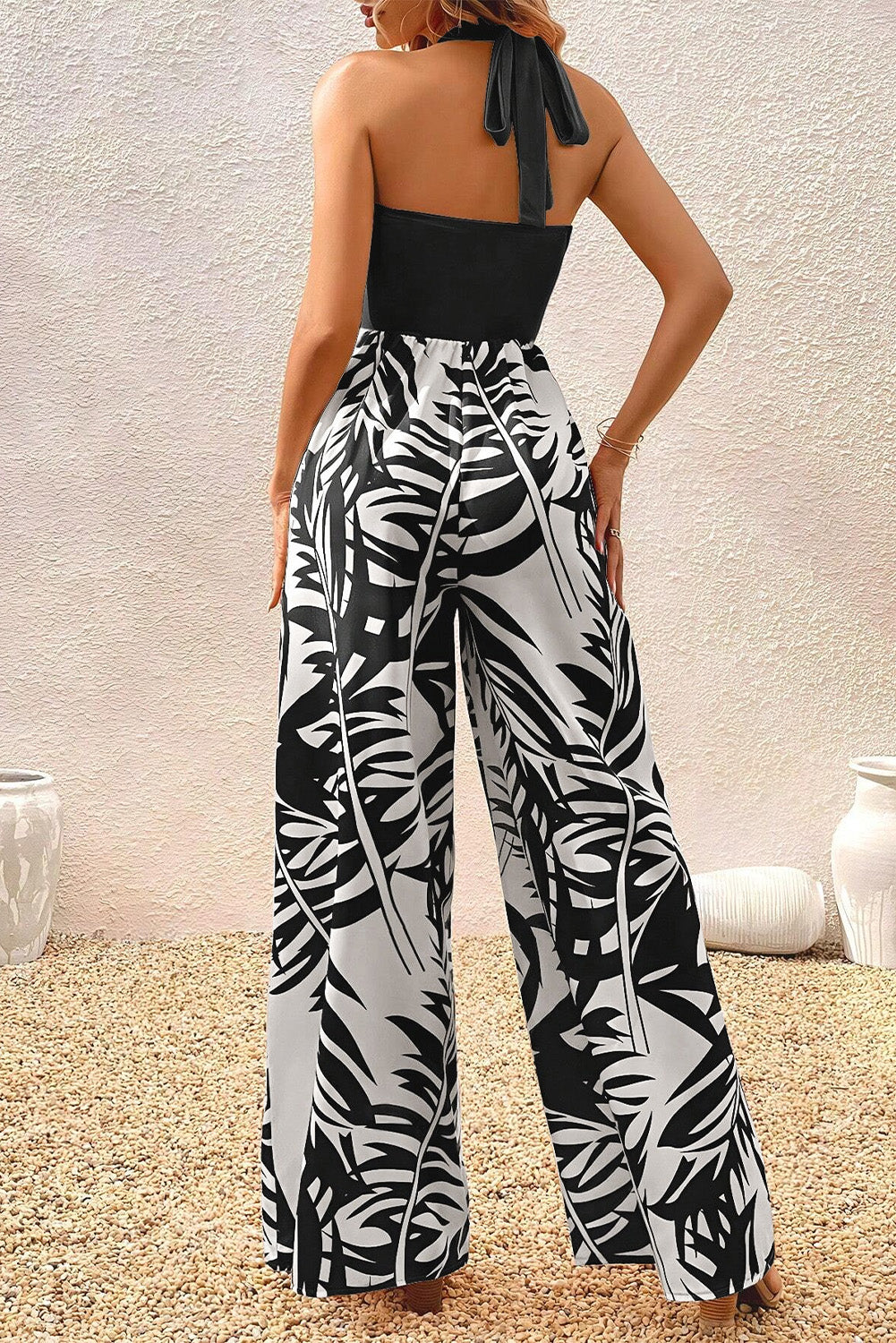 Black Halter Tropical Plant Print Wide Leg Jumpsuit Blue Zone Planet