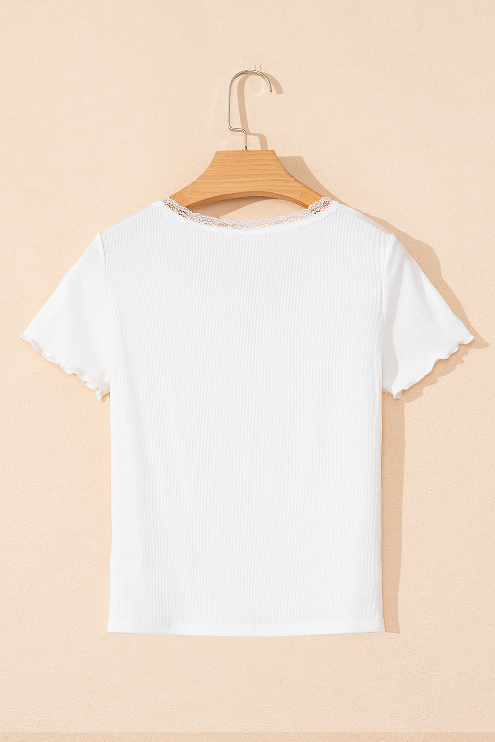 White Lace V Neckline Ribbed Slim Fit T Shirt-Tops/Tops & Tees-[Adult]-[Female]-2022 Online Blue Zone Planet