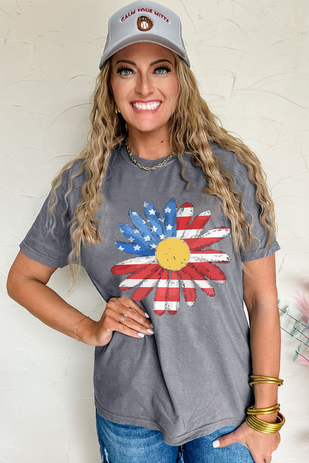 Gray Flag Pattern Sunflower Graphic Crew Neck Tee-Graphic/Graphic Tees-[Adult]-[Female]-2022 Online Blue Zone Planet