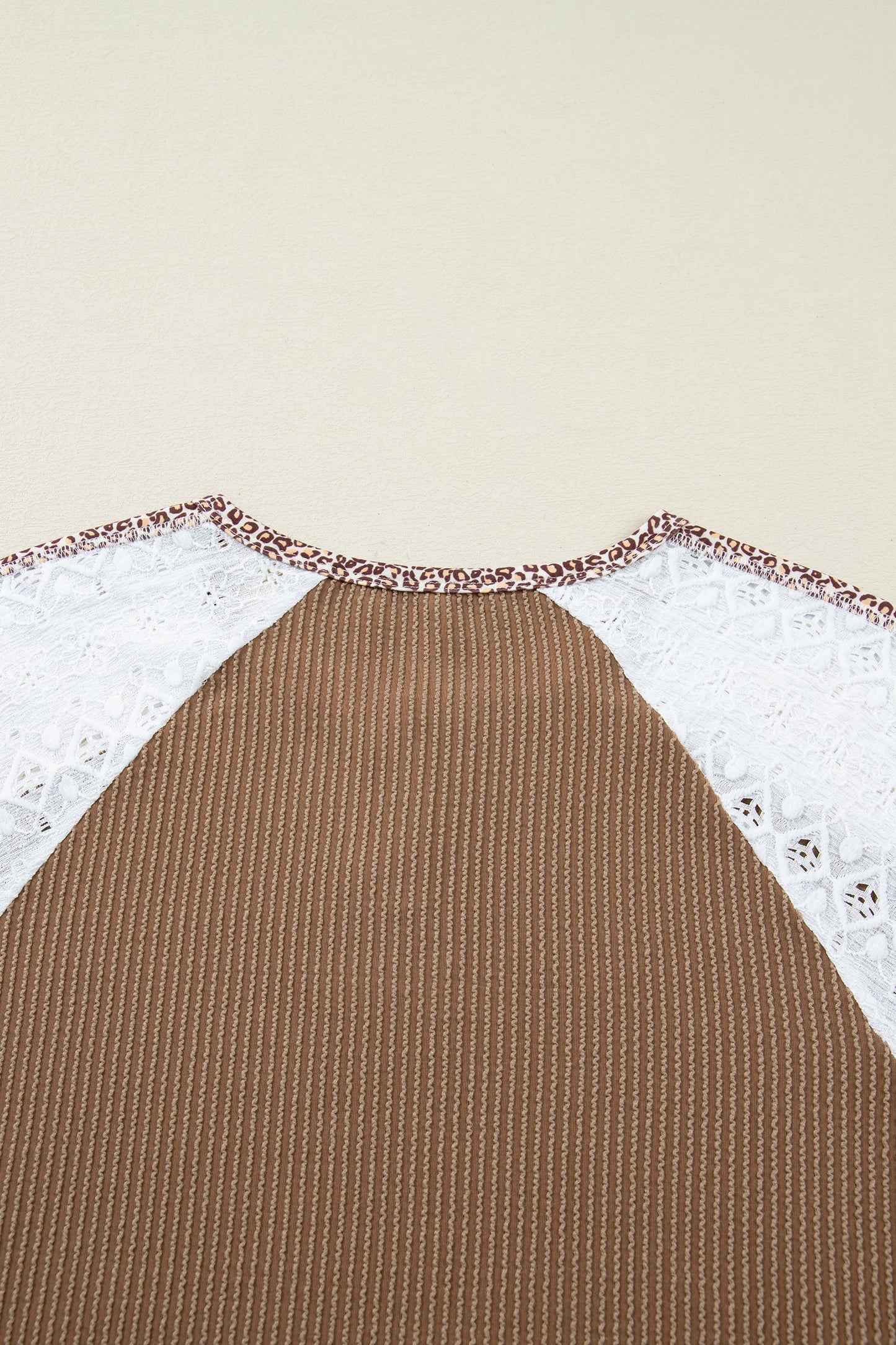 Dark Khaki Twisted Ribbed Leopard Lace Contrast Patchwork Long Sleeve Top-Tops/Long Sleeve Tops-[Adult]-[Female]-2022 Online Blue Zone Planet