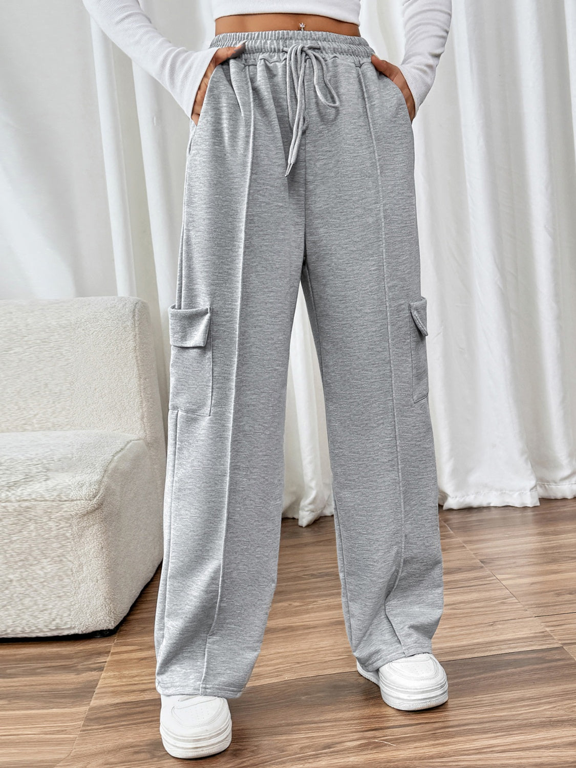 Drawstring Wide Leg Pants with Pockets-BOTTOMS SIZES SMALL MEDIUM LARGE-[Adult]-[Female]-Gray-S-2022 Online Blue Zone Planet