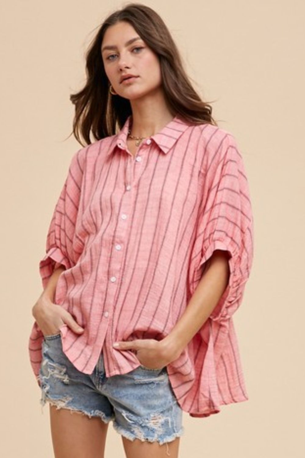 Annie Wear Striped Button Up Half Sleeve Shirt-TOPS / DRESSES-[Adult]-[Female]-2022 Online Blue Zone Planet