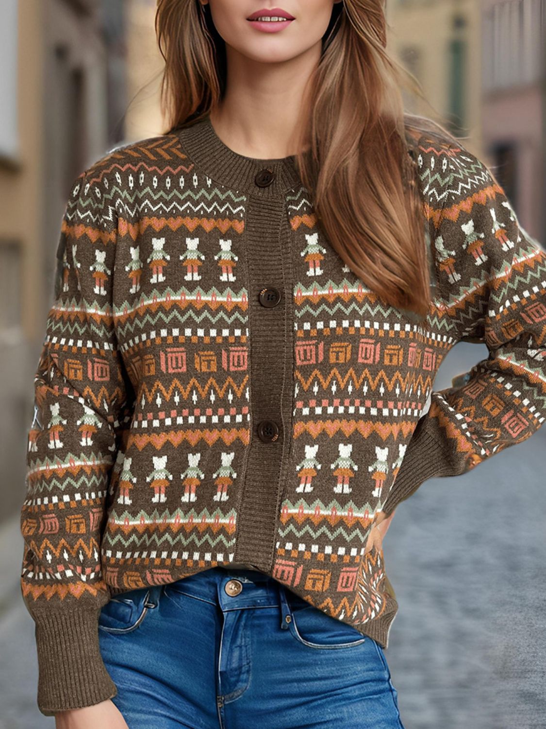 Graphic Button Down Long Sleeve Cardigan-NEW ARRIVALS-[Adult]-[Female]-Brown-One Size-2022 Online Blue Zone Planet