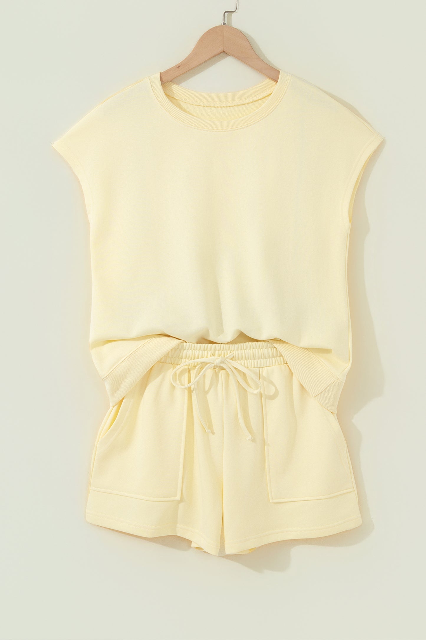Yellow Cream Solid Color Tee Drawstring Shorts Comfy 2pcs Set-Two Piece Sets/Short Sets-[Adult]-[Female]-2022 Online Blue Zone Planet