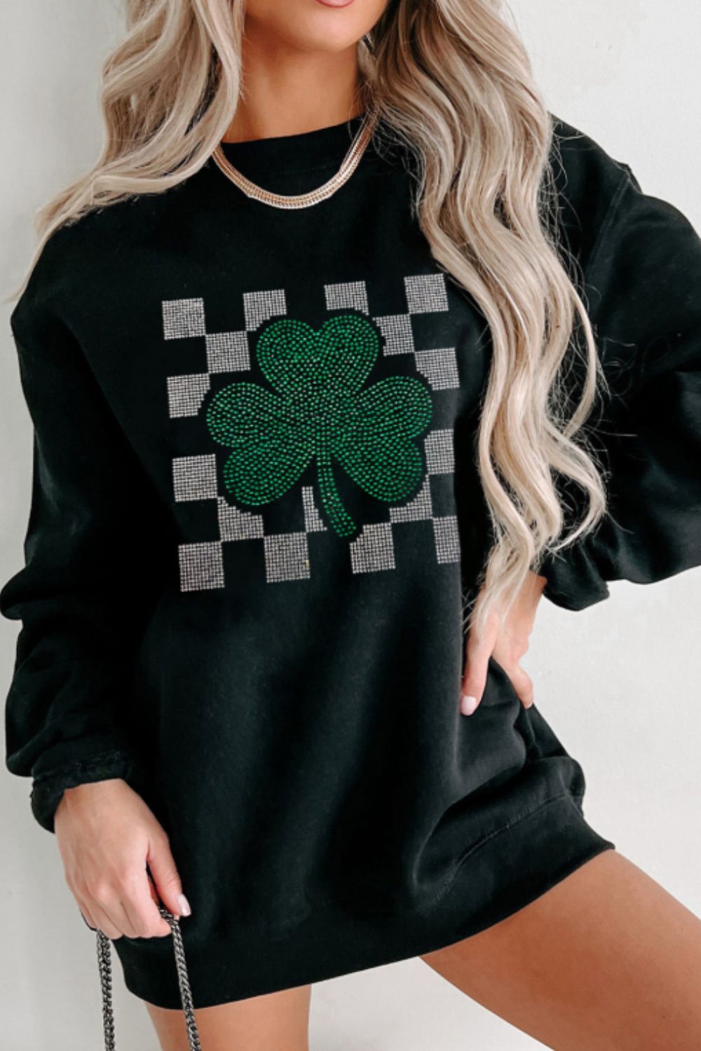 Rhinestone Checkered Lucky Clover Round Neck Sweatshirt-TOPS / DRESSES-[Adult]-[Female]-Black-S-2022 Online Blue Zone Planet