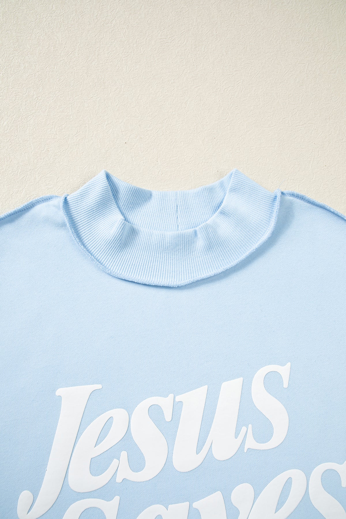 Mist Blue Jesus Saves Slogan Print Stand Neck Baggy Sweatshirt-Tops/Sweatshirts & Hoodies-[Adult]-[Female]-2022 Online Blue Zone Planet