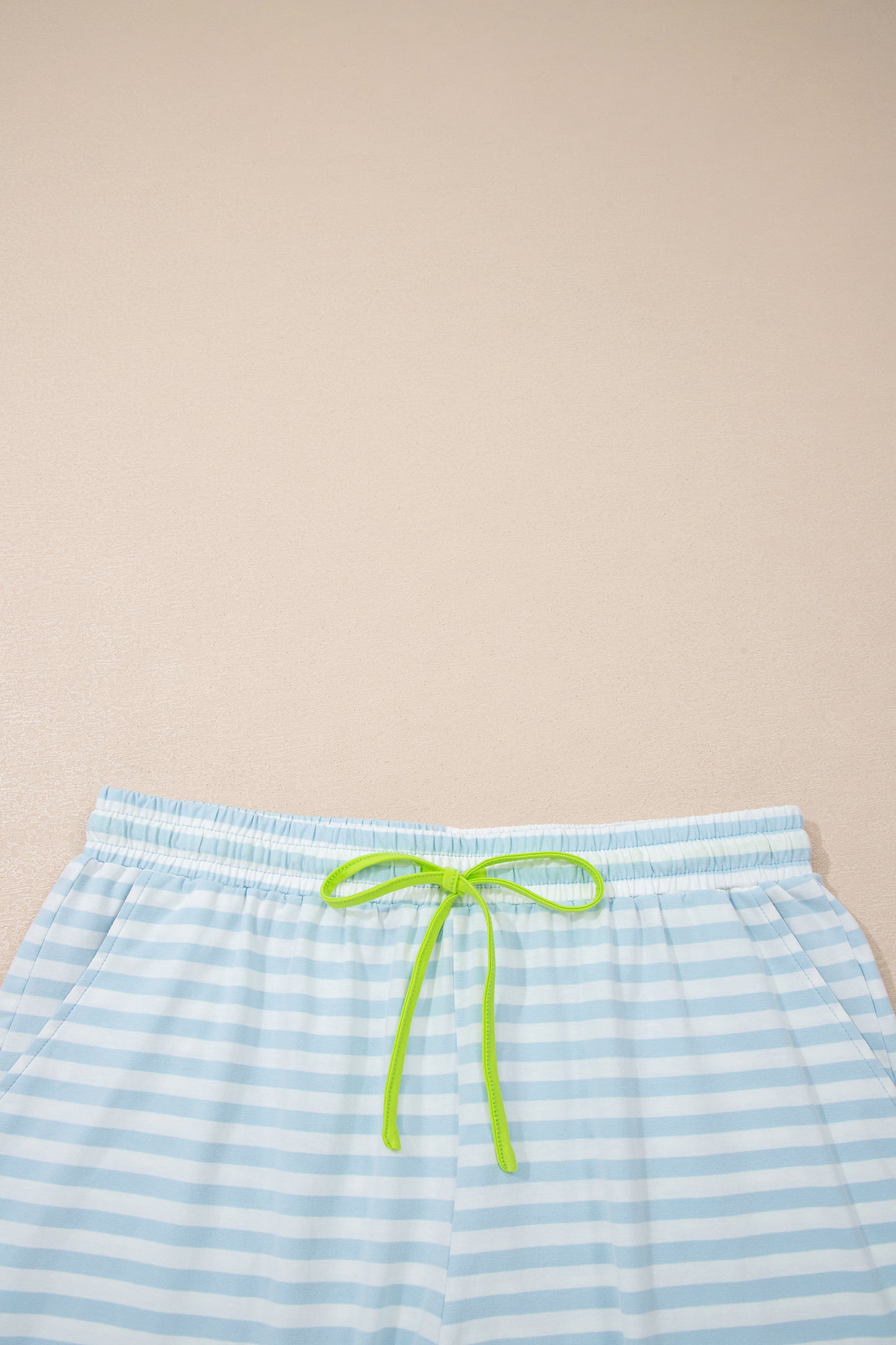 Sky Blue Stripe Contrast Neck Loose Tee and Drawstring Shorts Set-Two Piece Sets/Short Sets-[Adult]-[Female]-2022 Online Blue Zone Planet