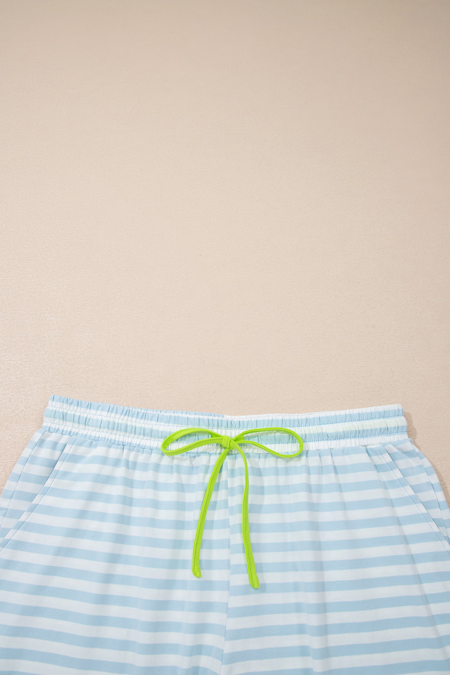 Sky Blue Stripe Contrast Neck Loose Tee and Drawstring Shorts Set-Two Piece Sets/Short Sets-[Adult]-[Female]-2022 Online Blue Zone Planet