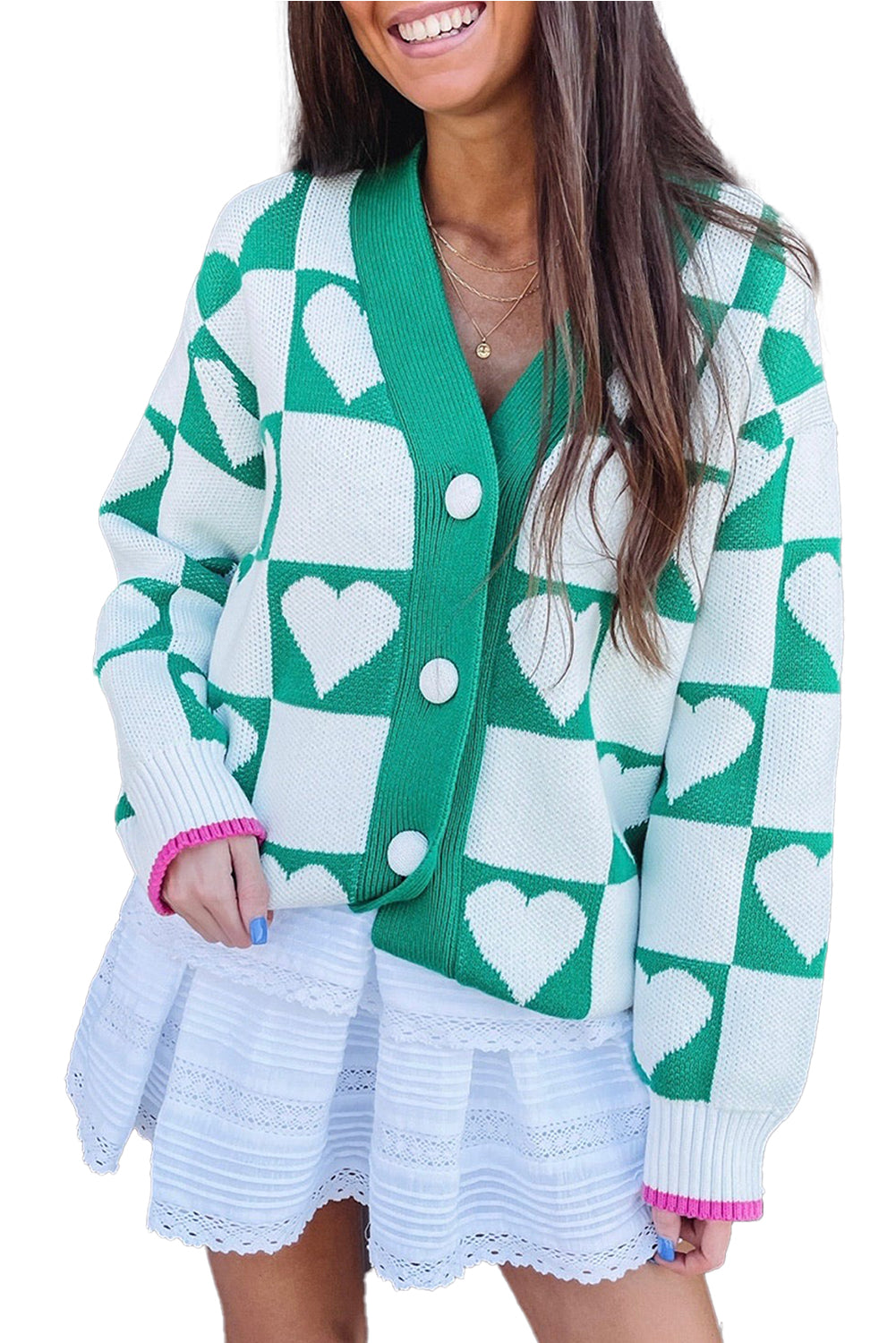 Sea Green Plaid Heart Knit V Neck Button Down Sweater Cardigan-TOPS / DRESSES-[Adult]-[Female]-2022 Online Blue Zone Planet