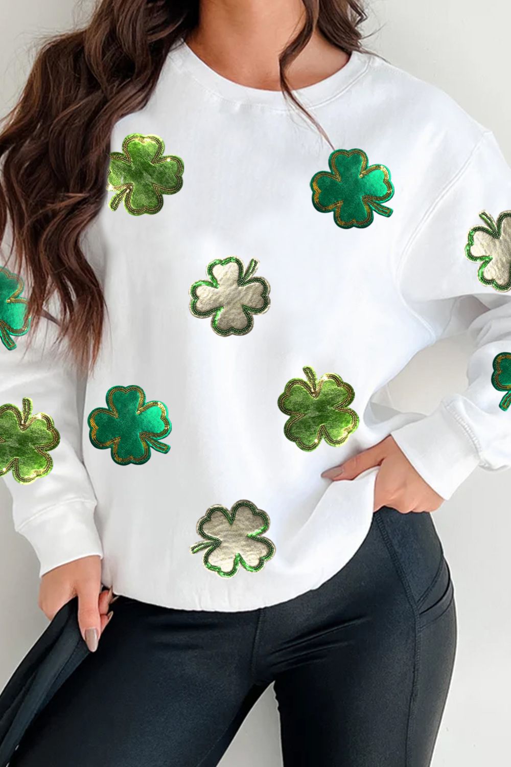 Lucky Clover Round Neck Long Sleeve Sweatshirt-TOPS / DRESSES-[Adult]-[Female]-White-S-2022 Online Blue Zone Planet