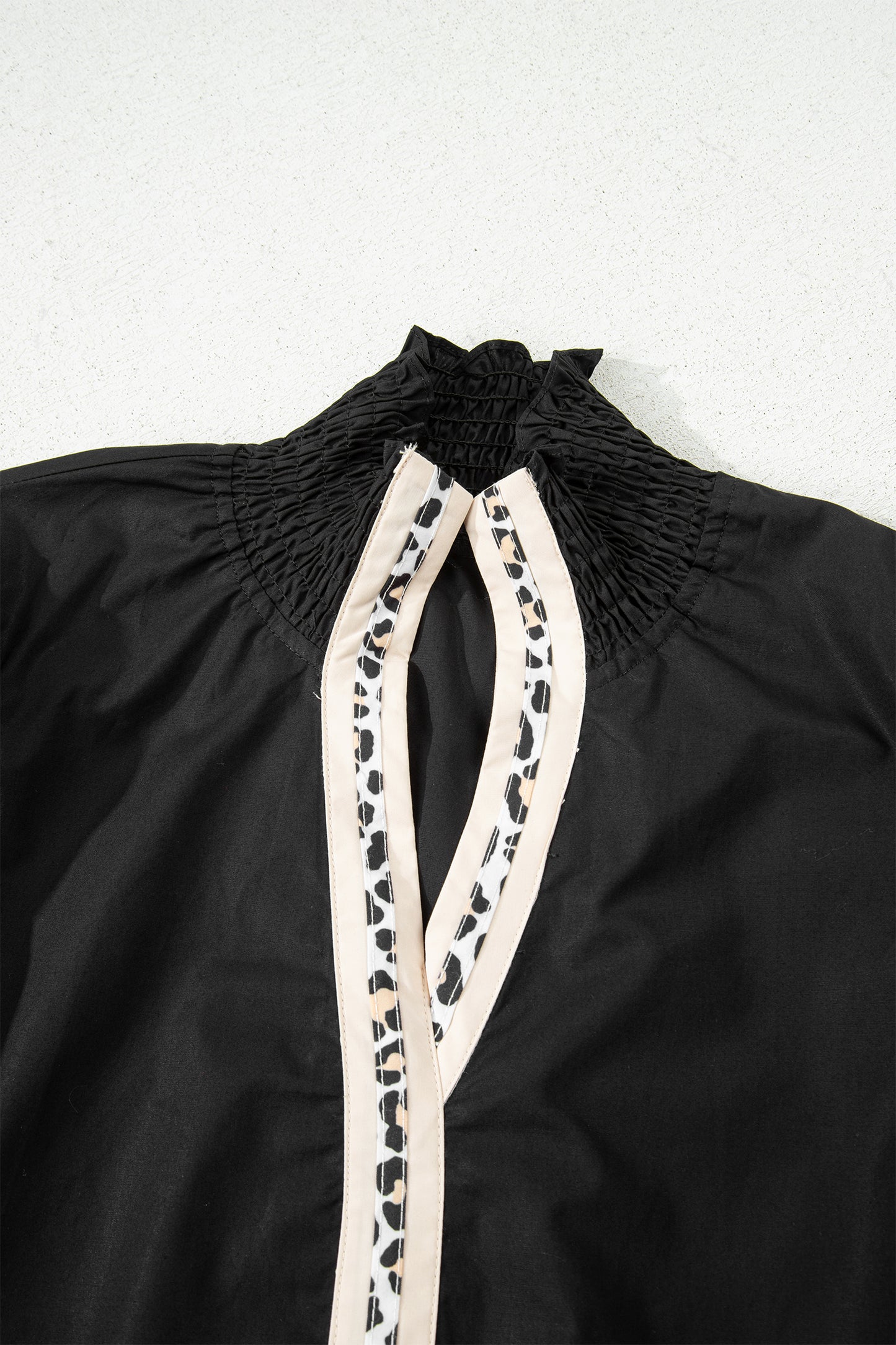 Black Puffy Flounce Sleeve Leopard Trim V Neck Blouse-Tops/Blouses & Shirts-[Adult]-[Female]-2022 Online Blue Zone Planet