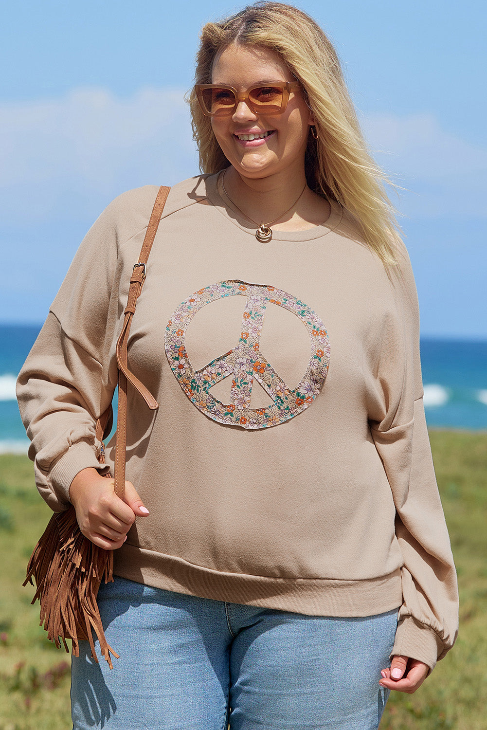 Blue Zone Planet | Pale Khaki Floral Peace Sign Graphic Washed Terry Plus Size Sweatshirt-TOPS / DRESSES-[Adult]-[Female]-2022 Online Blue Zone Planet