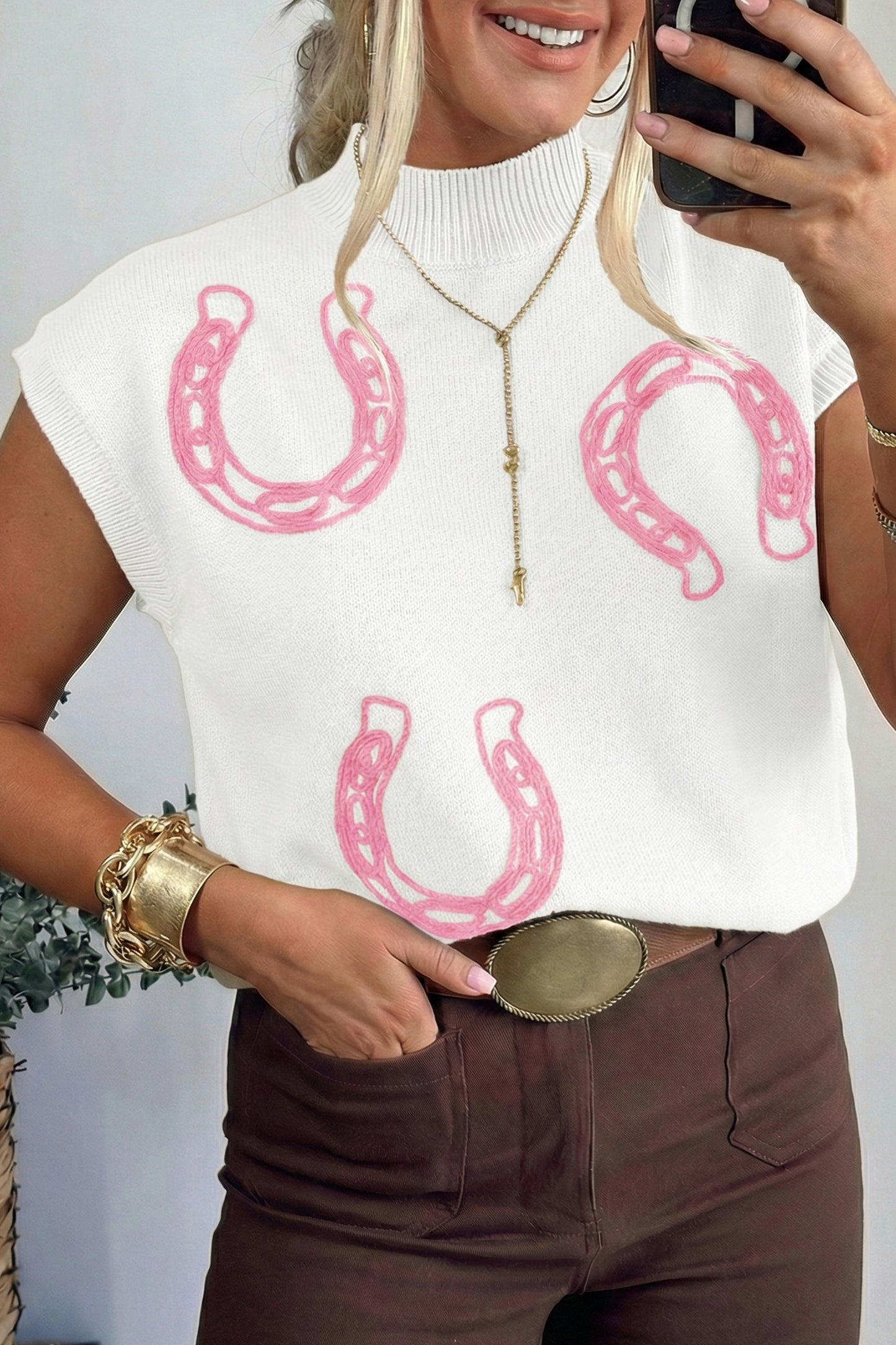 Bright Green Corded Horseshoes Ribbed Trim Mock Neck Short Sleeve Sweater-TOPS / DRESSES-[Adult]-[Female]-White-S-2022 Online Blue Zone Planet