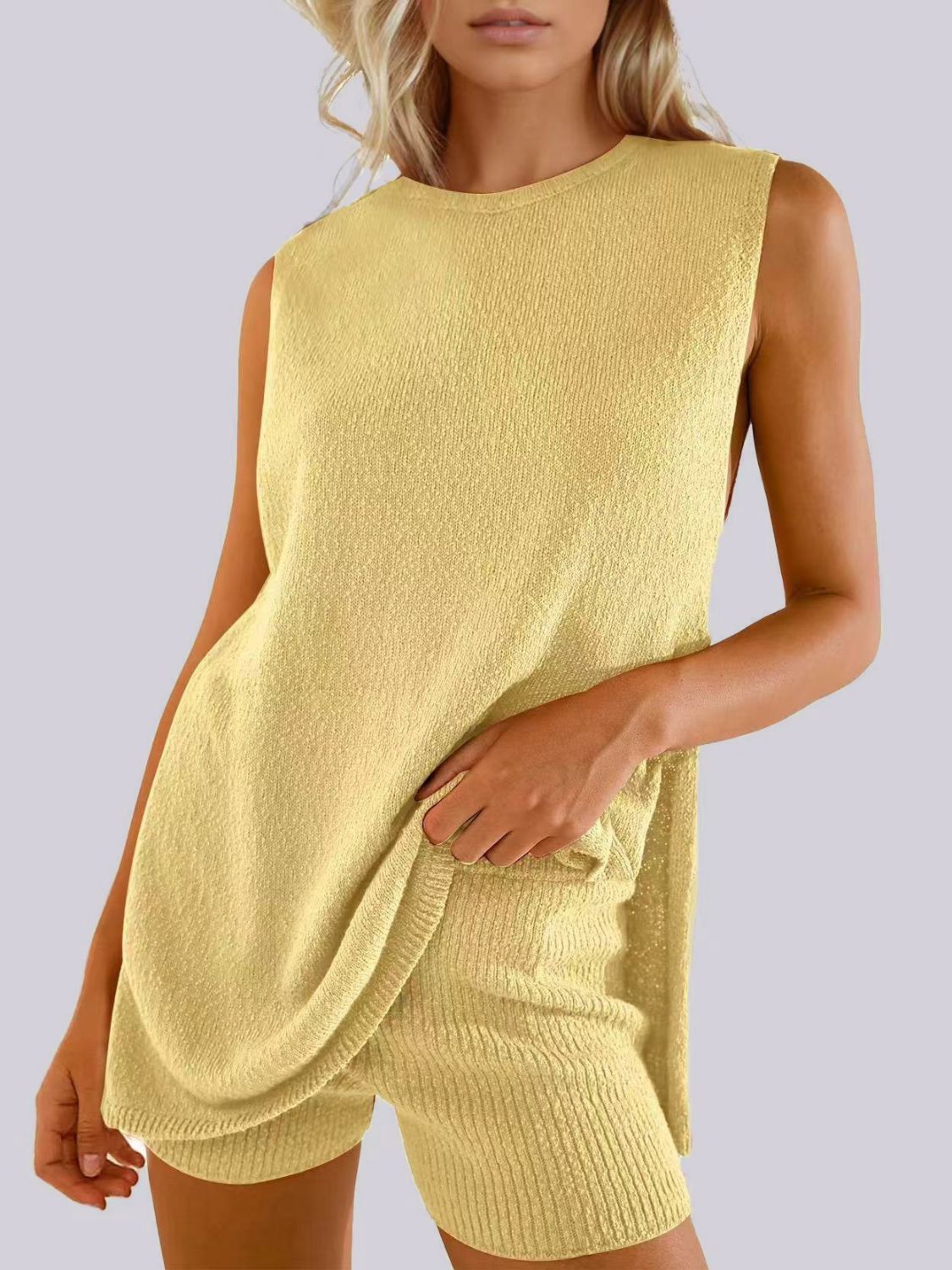 Blue Zone Planet | Mandy Side Slit Round Neck Tank and Shorts Sweater Set-TOPS / DRESSES-[Adult]-[Female]-Yellow-S-2022 Online Blue Zone Planet