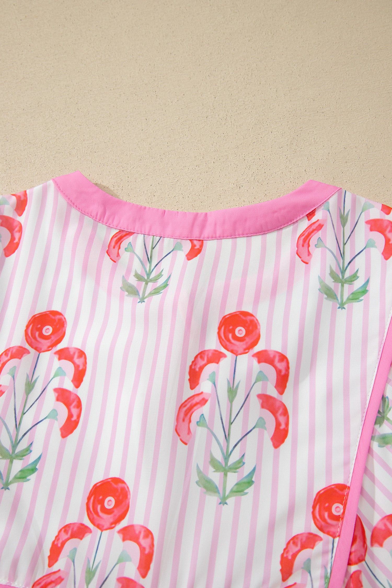 Pink Floral Striped Print Tie Notched Neck Puff Sleeve Flared Mini Dress-TOPS / DRESSES-[Adult]-[Female]-2022 Online Blue Zone Planet